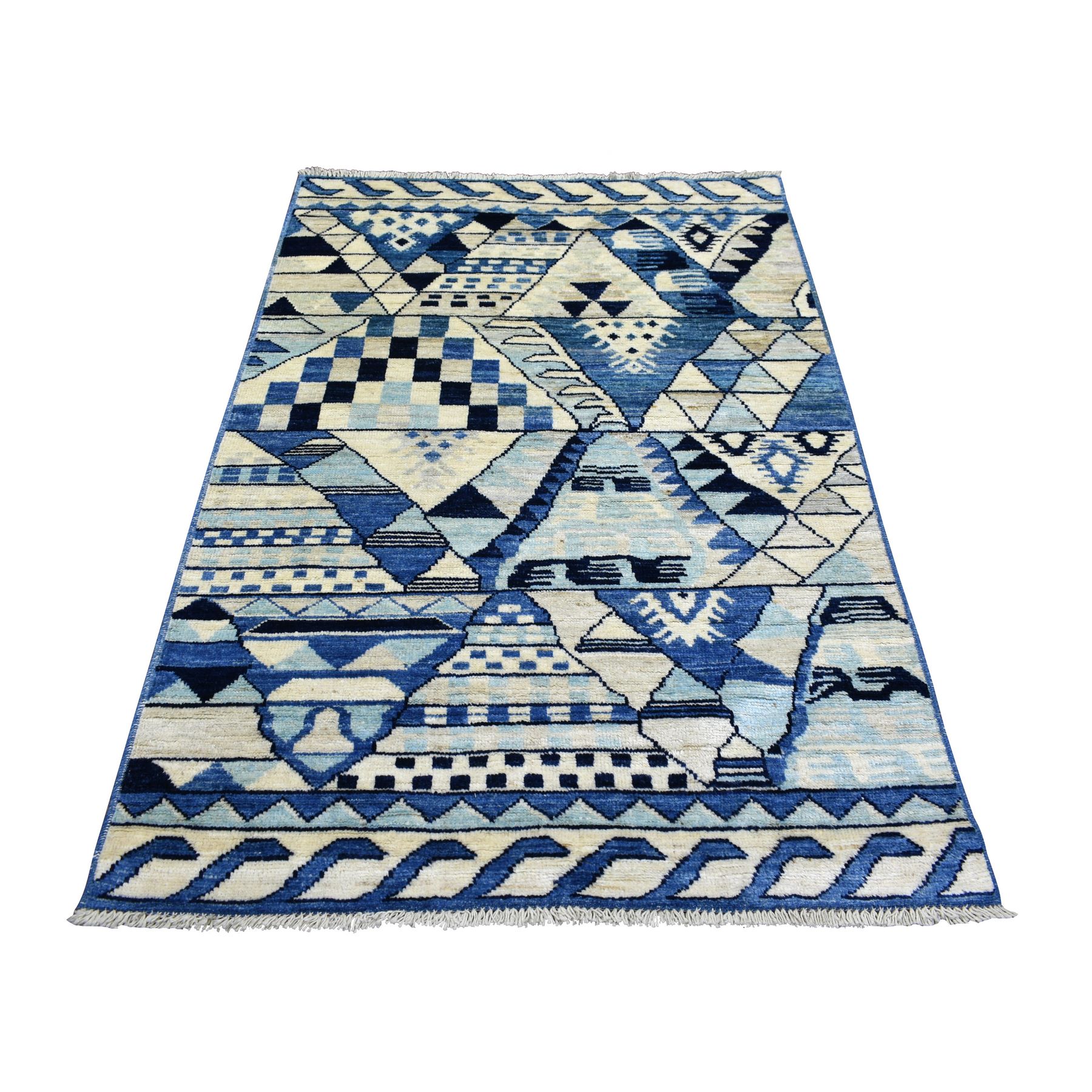 4'x6' Denim Blue, Hand Woven Anatolian Village Inspired with Little Triangles Design, Natural Dyes Soft Wool, Oriental Rug 