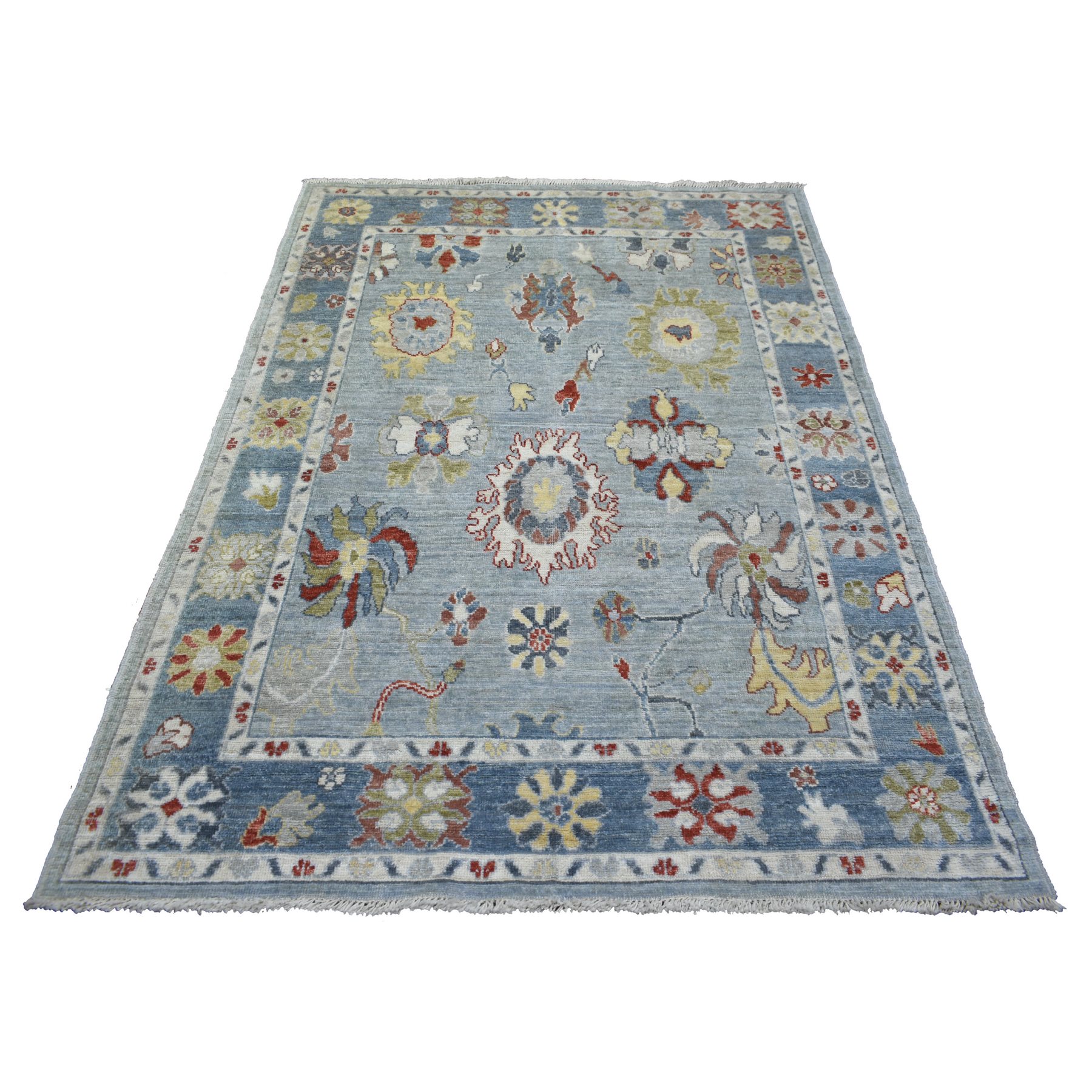 5'1"x6'10" Silver Blue Bold Colors With Leaf Design Natural Dyes, Angora Oushak Afghan Wool Hand Woven Oriental Rug 