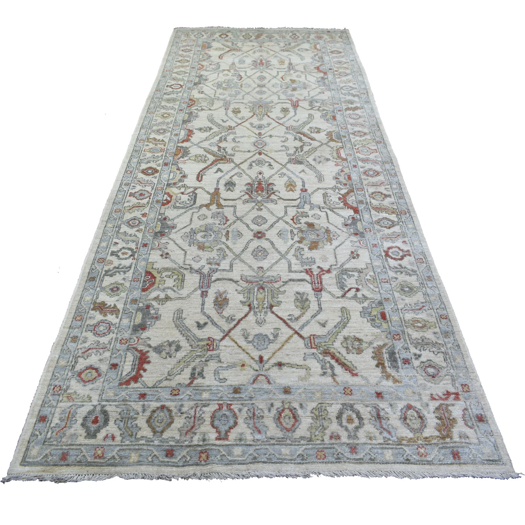 5'2"x12' Ivory Hand Woven Angora Ushak Natural Dyes, Flowing And Open Design, Afghan Wool Wide Runner Oriental Rug 