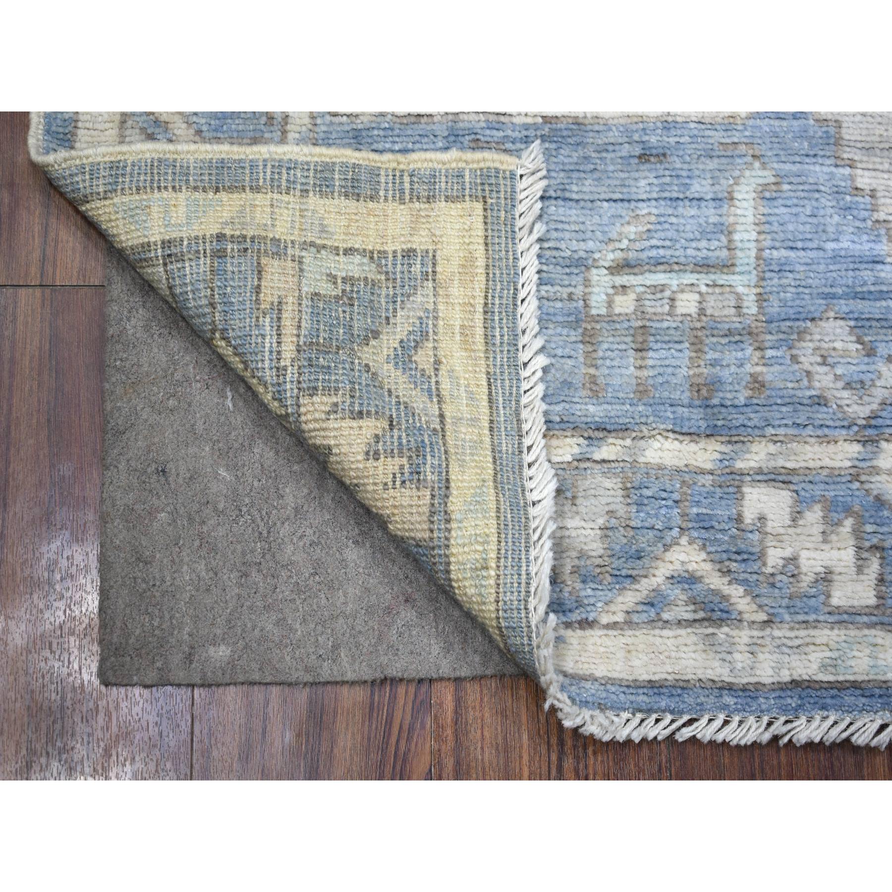3'10"x8'8" Light Blue, Hand Woven Anatolian Village Inspired Geometric Medallion Design with Animal Figurines, Natural Dyes Pure Wool, Wide Runner Oriental Rug 