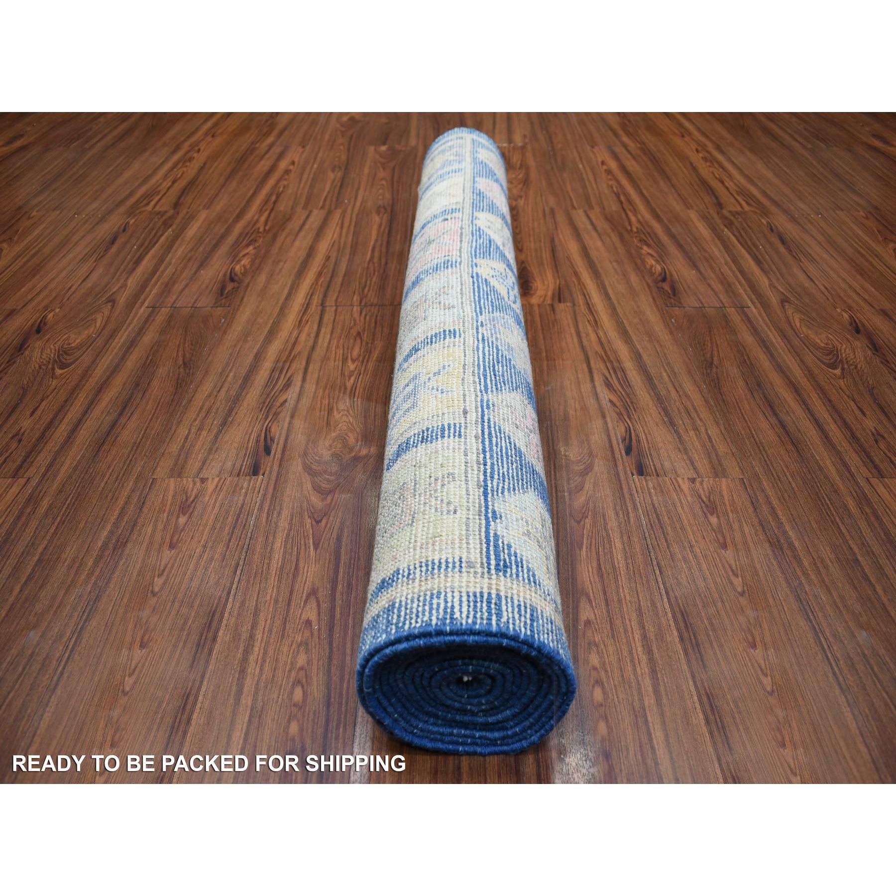 4'1"x12'1" Denim Blue, Anatolian Village Inspired with Large Elements Natural Dyes, Soft and Supple Wool Hand Woven, Wide Runner Oriental Rug 