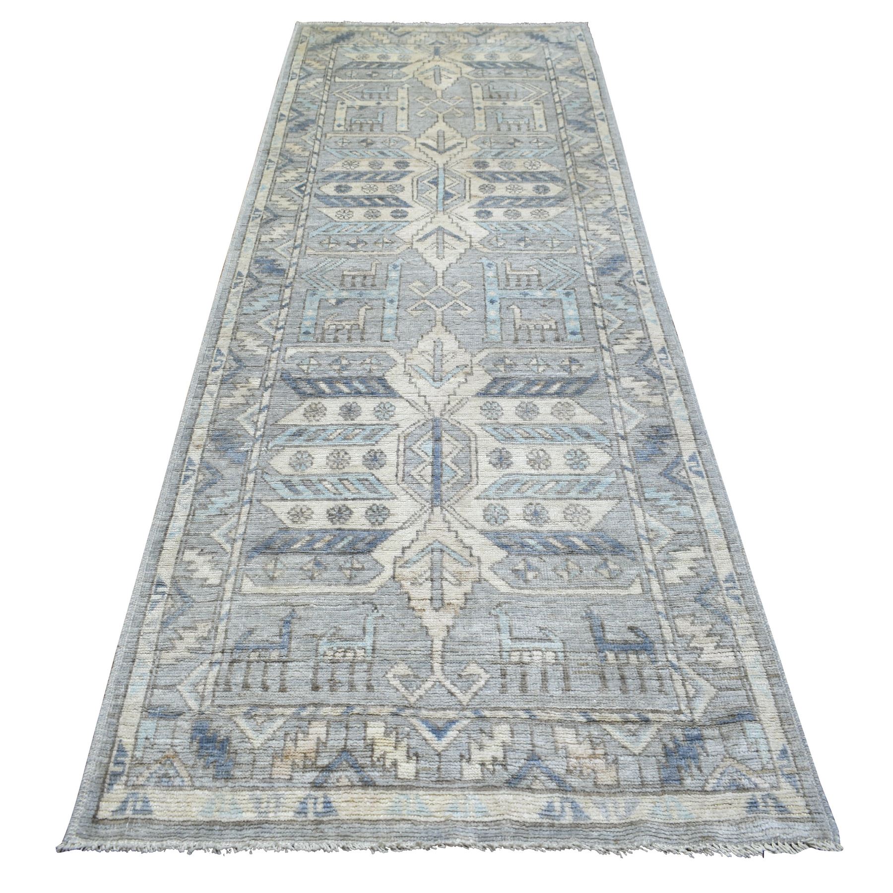 4'x10' Light Blue, Soft Wool Hand Woven, Anatolian Village Inspired Geometric Medallion Design with Animal Figurines Natural Dyes, Wide Runner Oriental Rug 