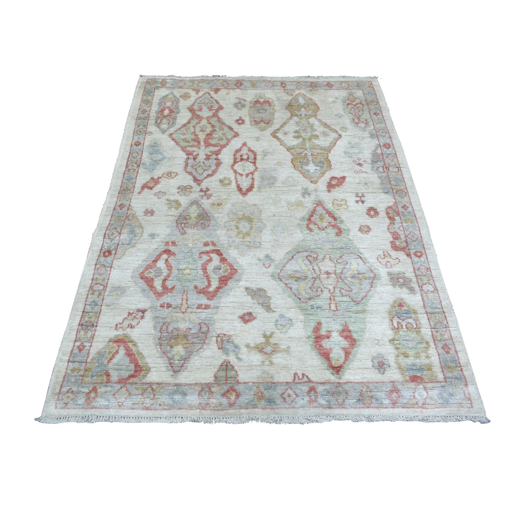 4'2"x5'7" Ivory Hand Woven Angora Oushak All Over Motifs Natural Dyes, Afghan Wool Oriental Rug 