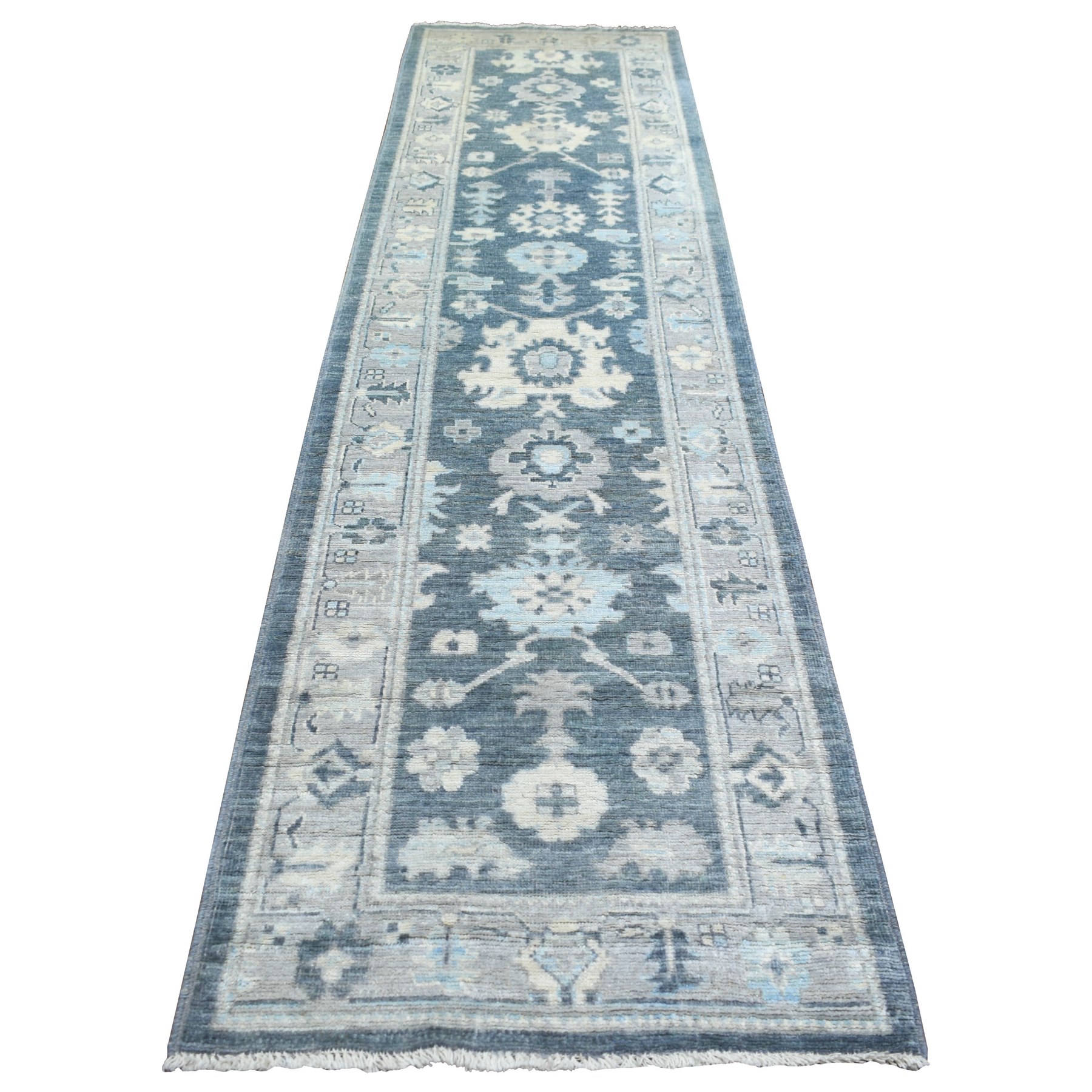 3'x11'7" Charcoal Gray Angora Oushak With Colorful Leaf Design Natural Dyes, Afghan Wool Hand Woven Runner Oriental Rug 