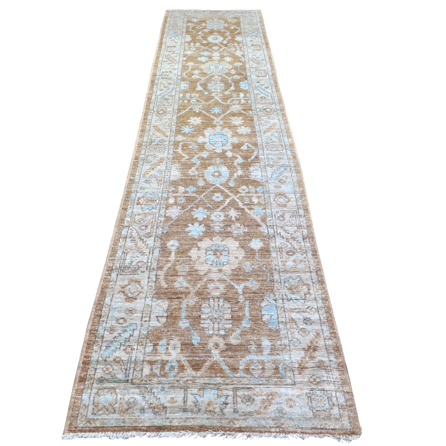 2'10"x13'7" Almond Brown Natural Dyes Angora Oushak All Over Design, Afghan Wool Hand Woven Runner Oriental Rug 