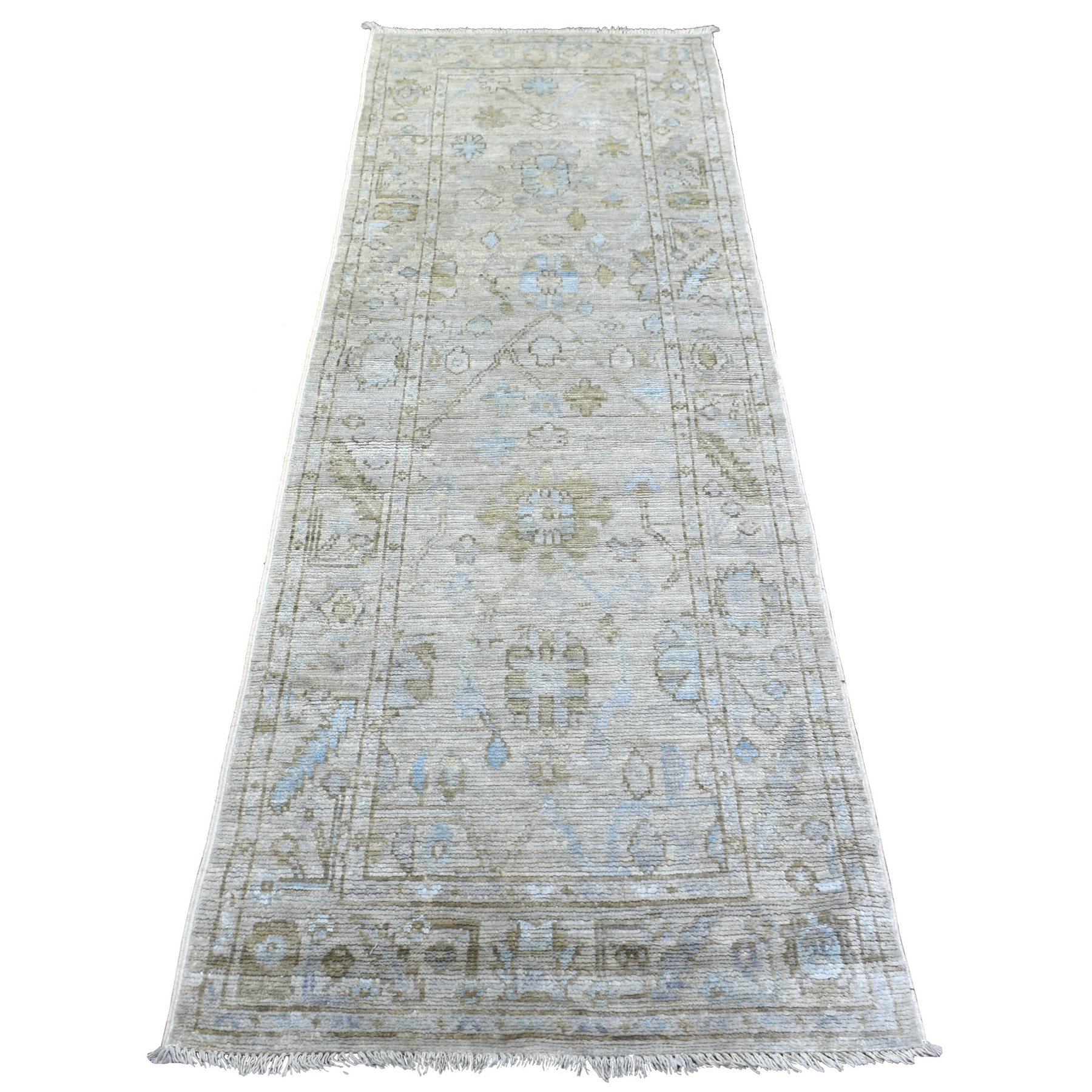 2'7"x7'9" Gray Angora Oushak Soft Colors With Leaf Design Natural Dyes, Afghan Wool Hand Woven Runner Oriental Rug 