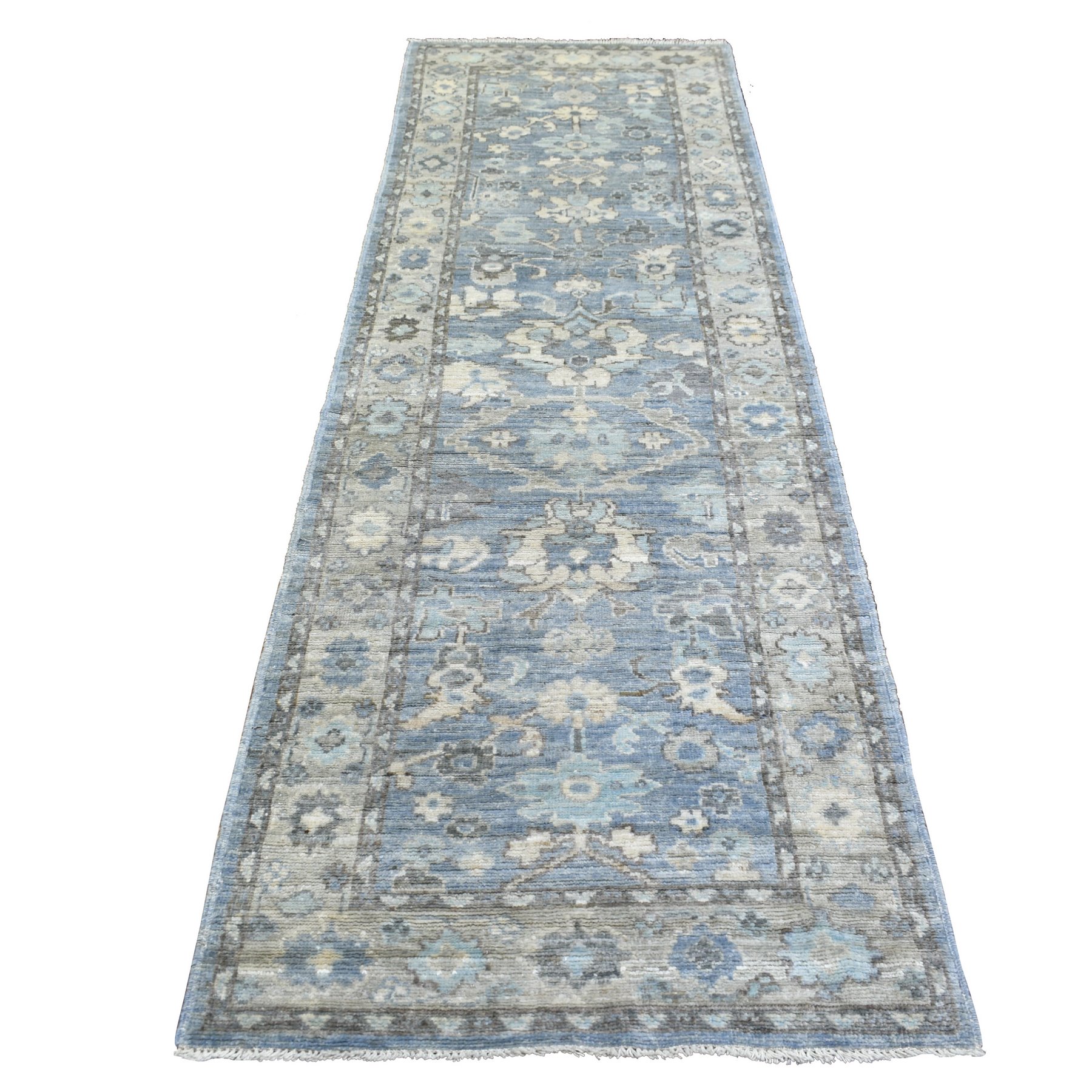 3'x9'9" Light Blue Angora Oushak Leaf Design Natural Dyes, Afghan Wool Hand Woven Runner Oriental Rug 