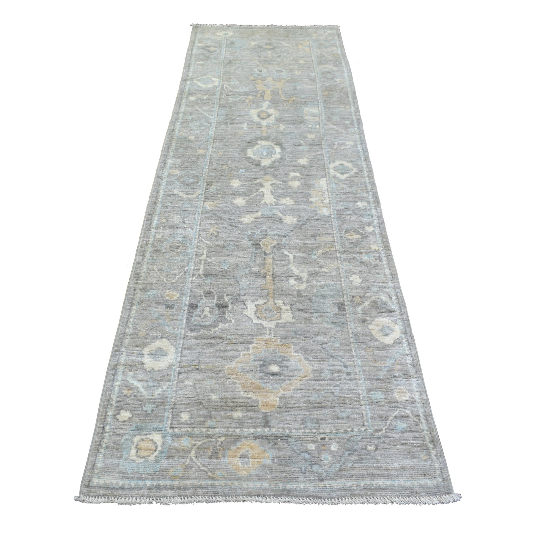 3'x9'9" Gray Hand Woven Angora Oushak With Colorful Large Leaf Design Natural Dyes, Afghan Wool Runner Oriental Rug 