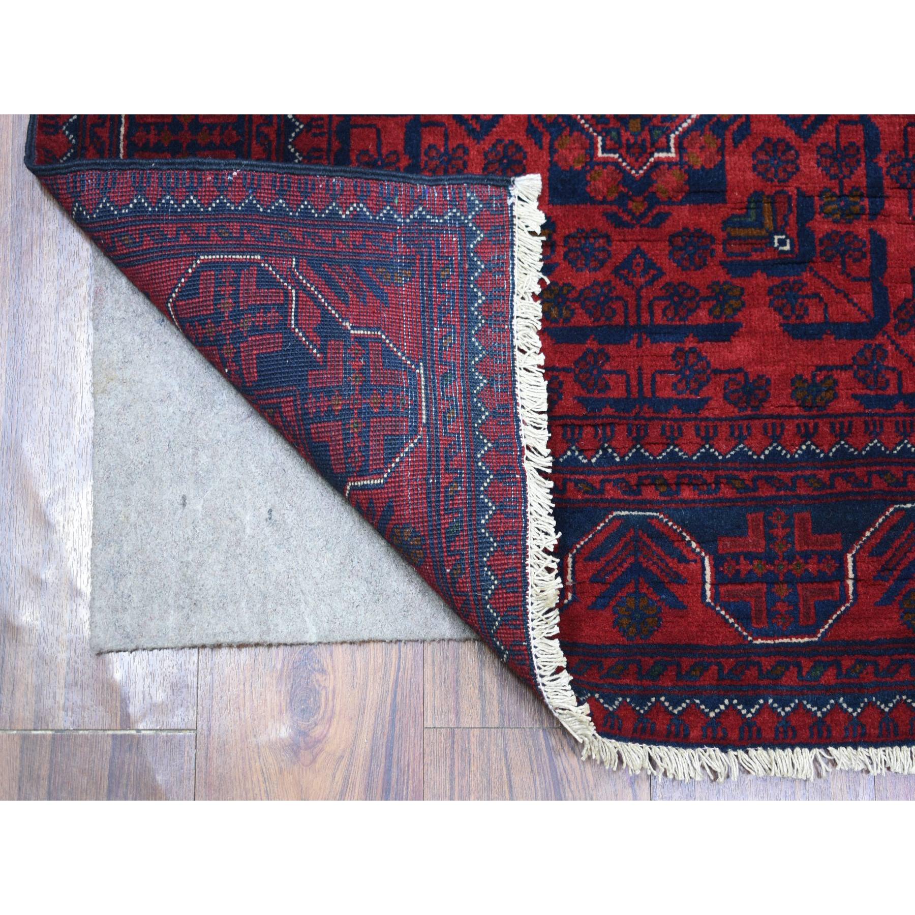 2'10"x9'4" Deep and Saturated Red With Geometric Design Hand Woven Afghan Khamyab, Velvety Wool Runner Oriental Rug 