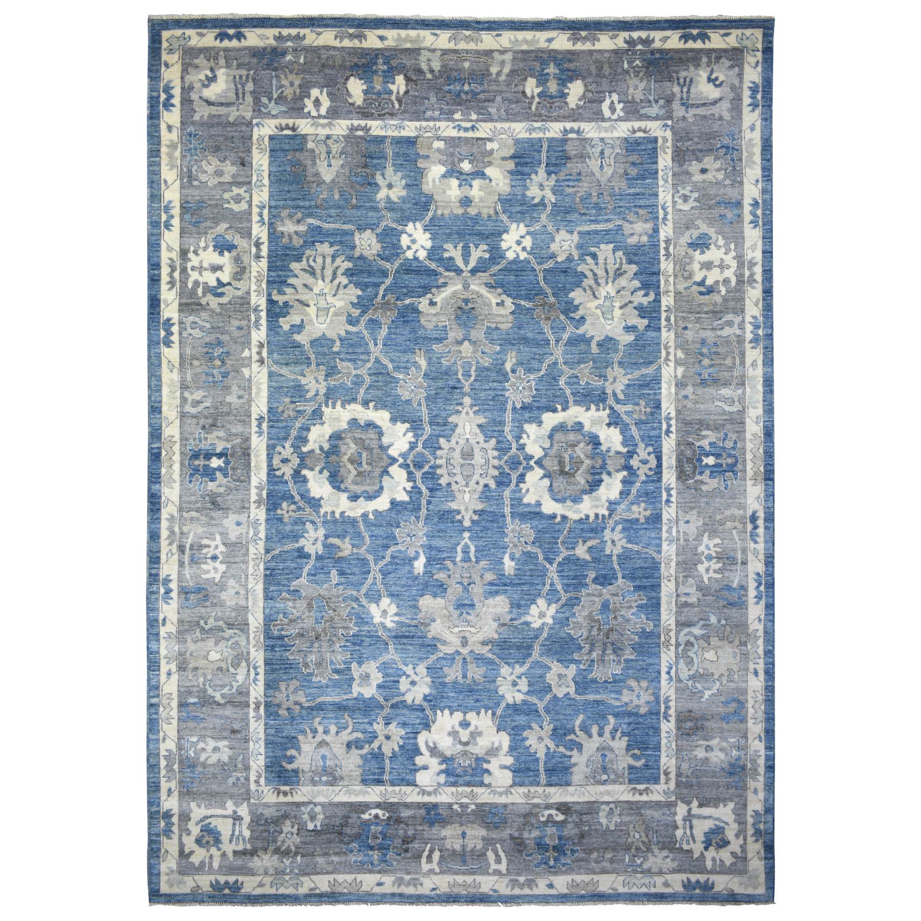 10'x14'1" Denim Blue Angora Oushak Bold Color Large Leaf Design Natural Dyes, Afghan Wool Hand Woven Oriental Rug 