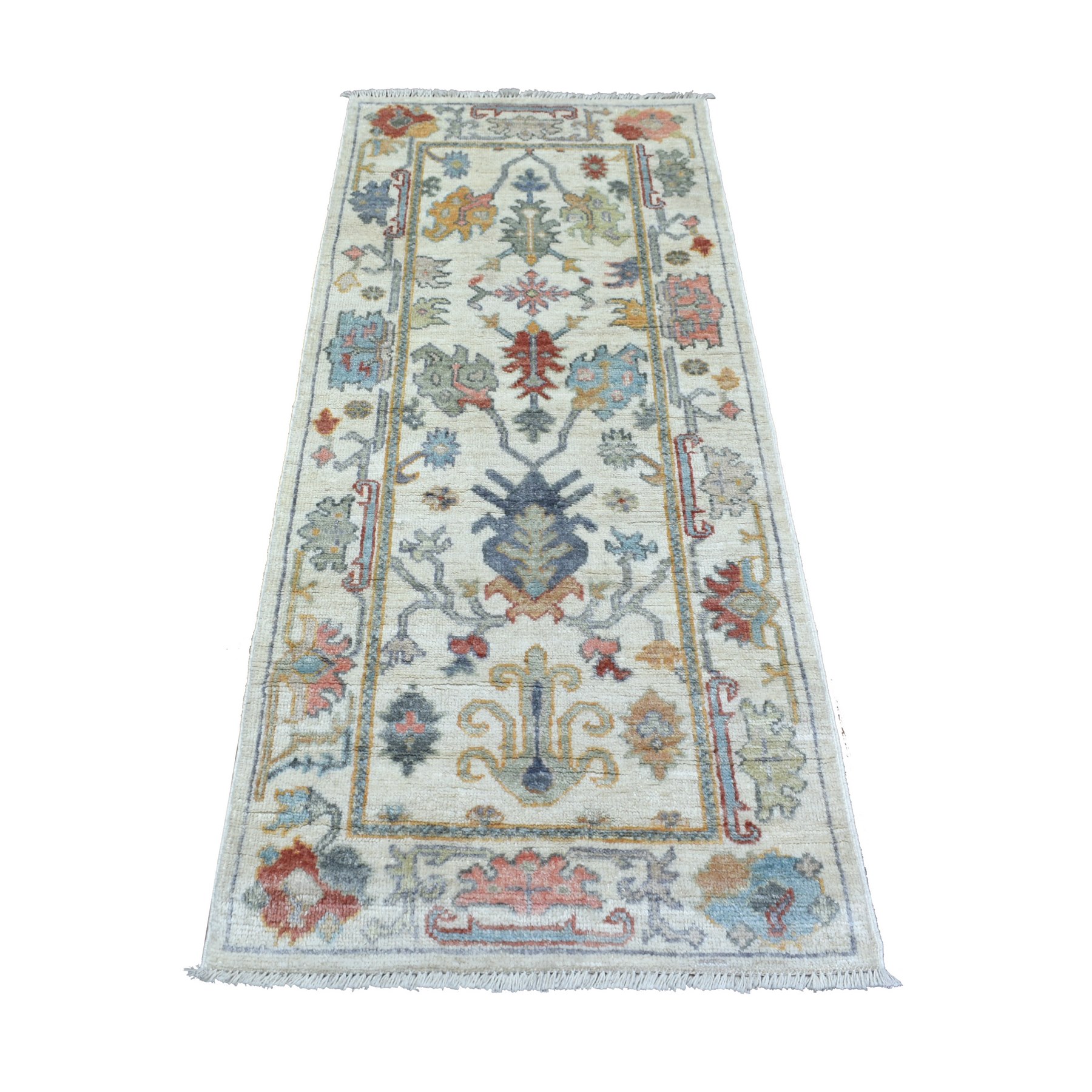 2'5"x5'9" Ivory Angora Oushak With Colorful Leaf Design Natural Dyes, Afghan Wool Hand Woven Runner Oriental Rug 
