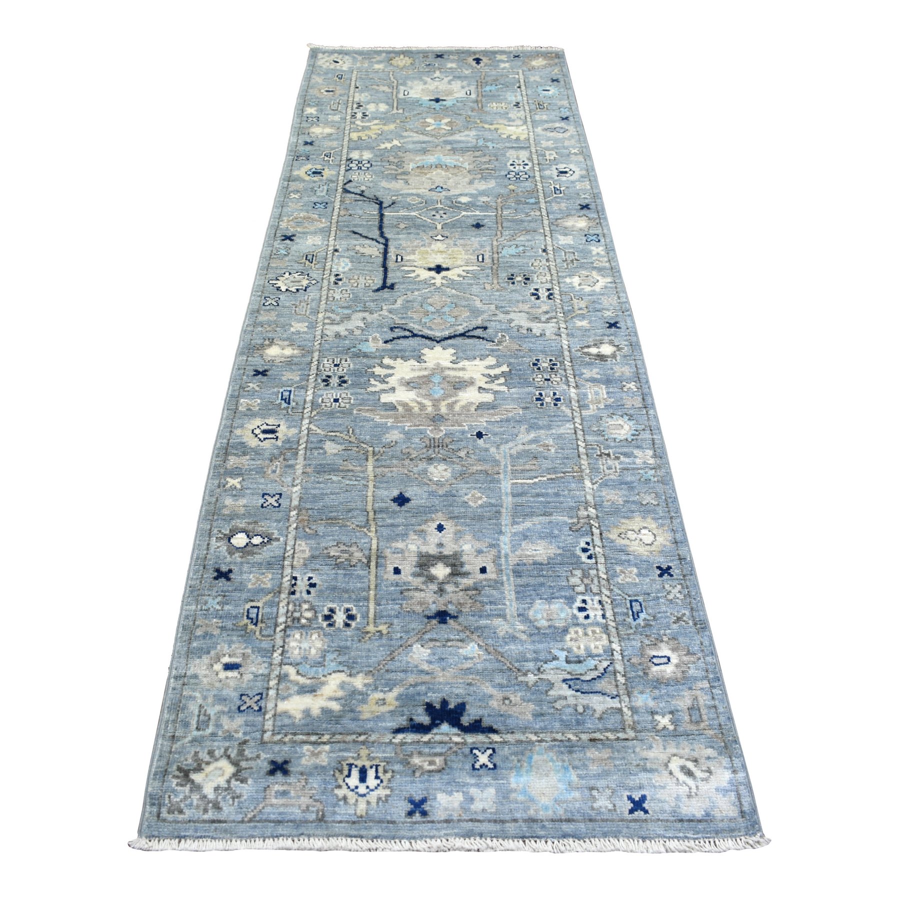3'x9'6" Denim Blue Angora Ushak Natural Dyes, Flowing And Open Design, Afghan Wool Hand Woven Oriental Rug 