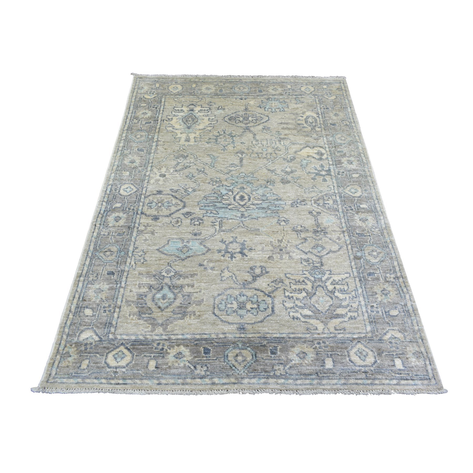 4'1"x6' Beige Angora Oushak With Large Leaf Design Natural Dyes, Afghan Wool Hand Woven Oriental Rug 