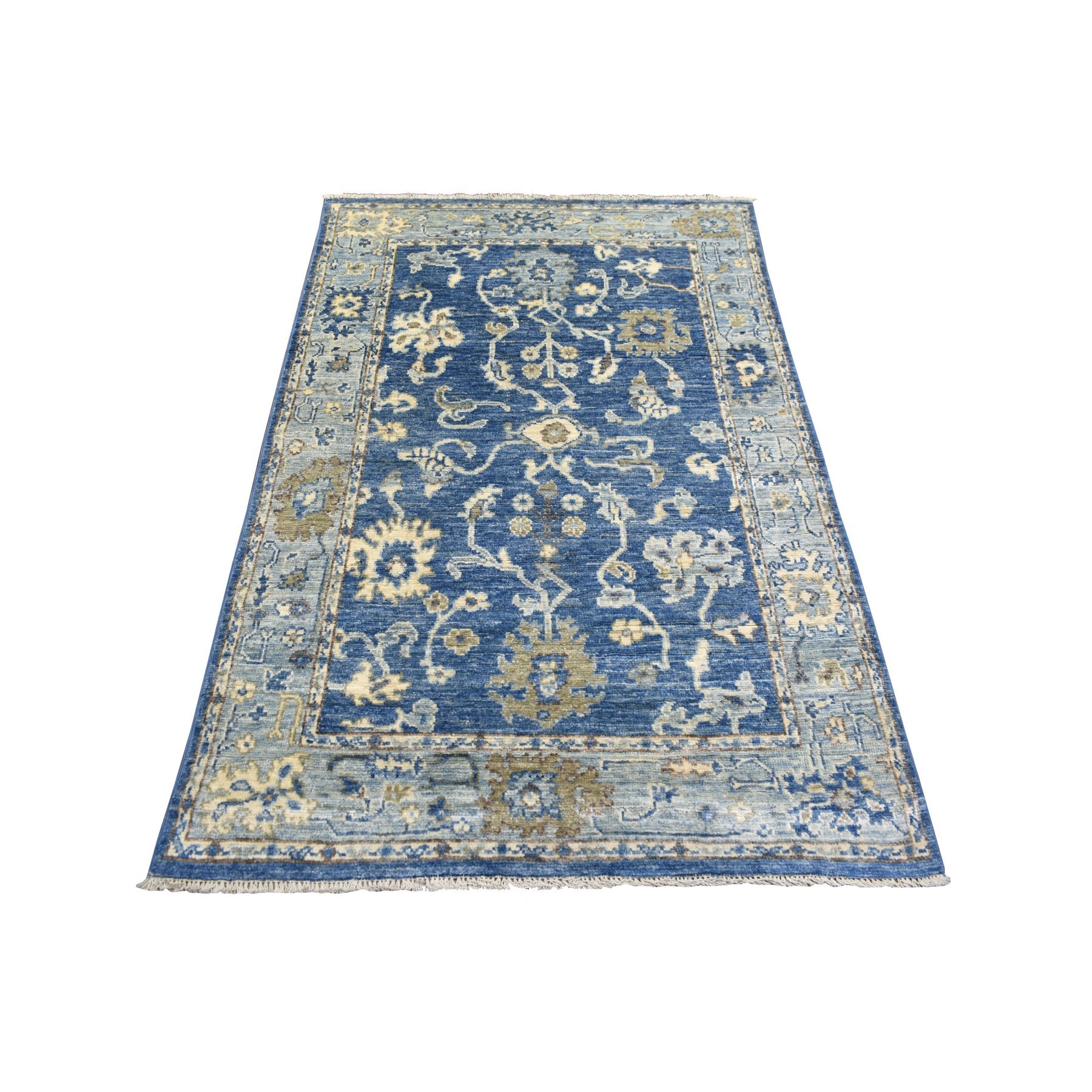 3'10"x6' Denim Blue Angora Oushak With Colorful Leaf Design Natural Dyes, Afghan Wool Hand Woven Oriental Rug 