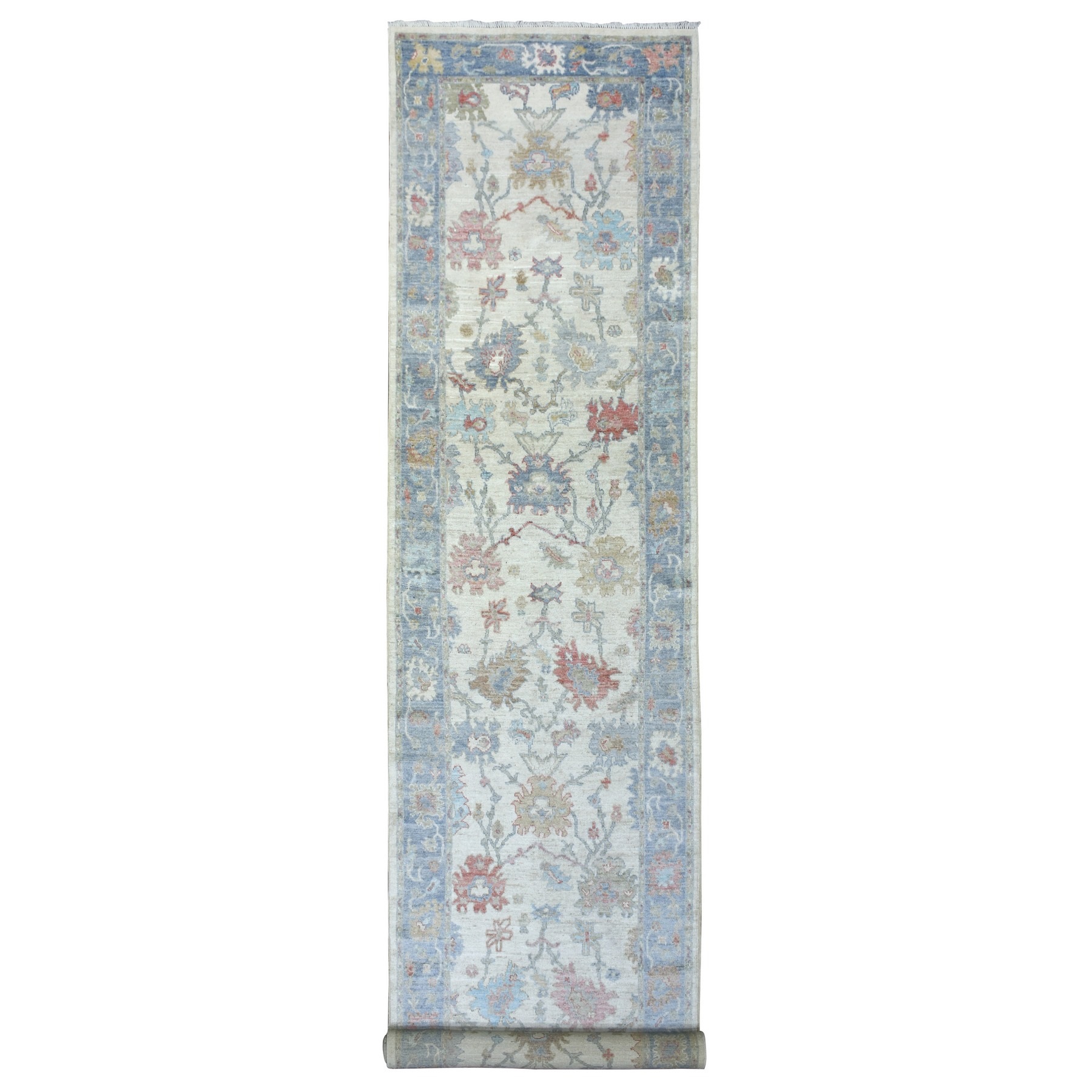 3'10"x19'4" Ivory Angora Oushak With Colorful Leaf Design Natural Dyes, Afghan Wool Hand Woven Runner Oriental Rug 
