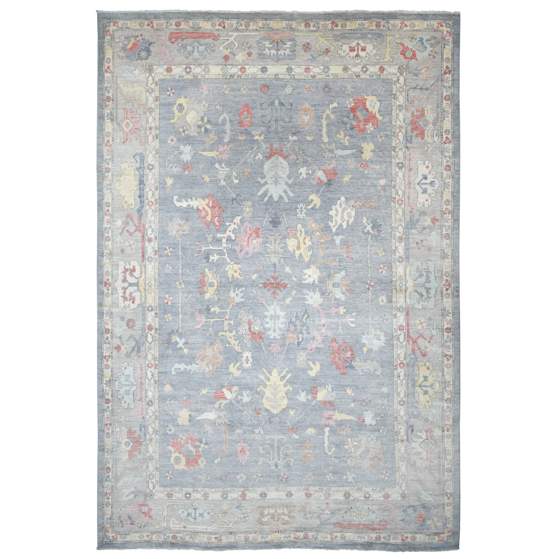 12'1"x17'8" Gray Angora Oushak With Colorful Leaf Design Natural Dyes, Afghan Wool Hand Woven Oversize Oriental Rug 