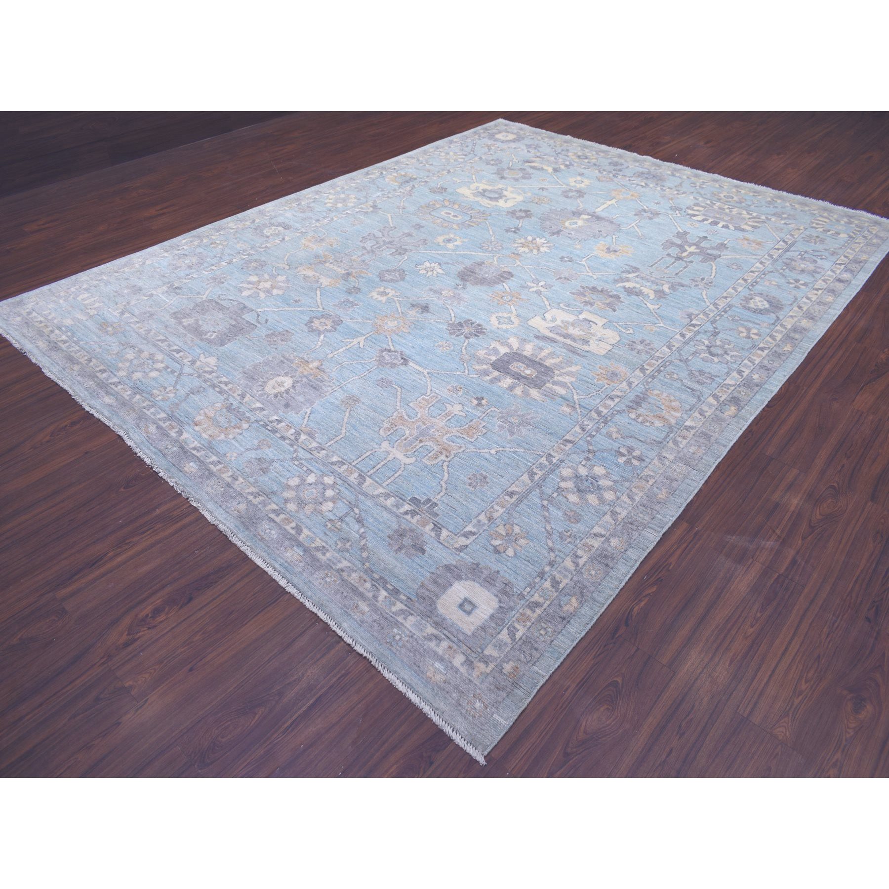 9'3"x12' Blue Angora Oushak All Over Motifs Natural Dyes, Afghan Wool Hand Woven Oriental Rug 
