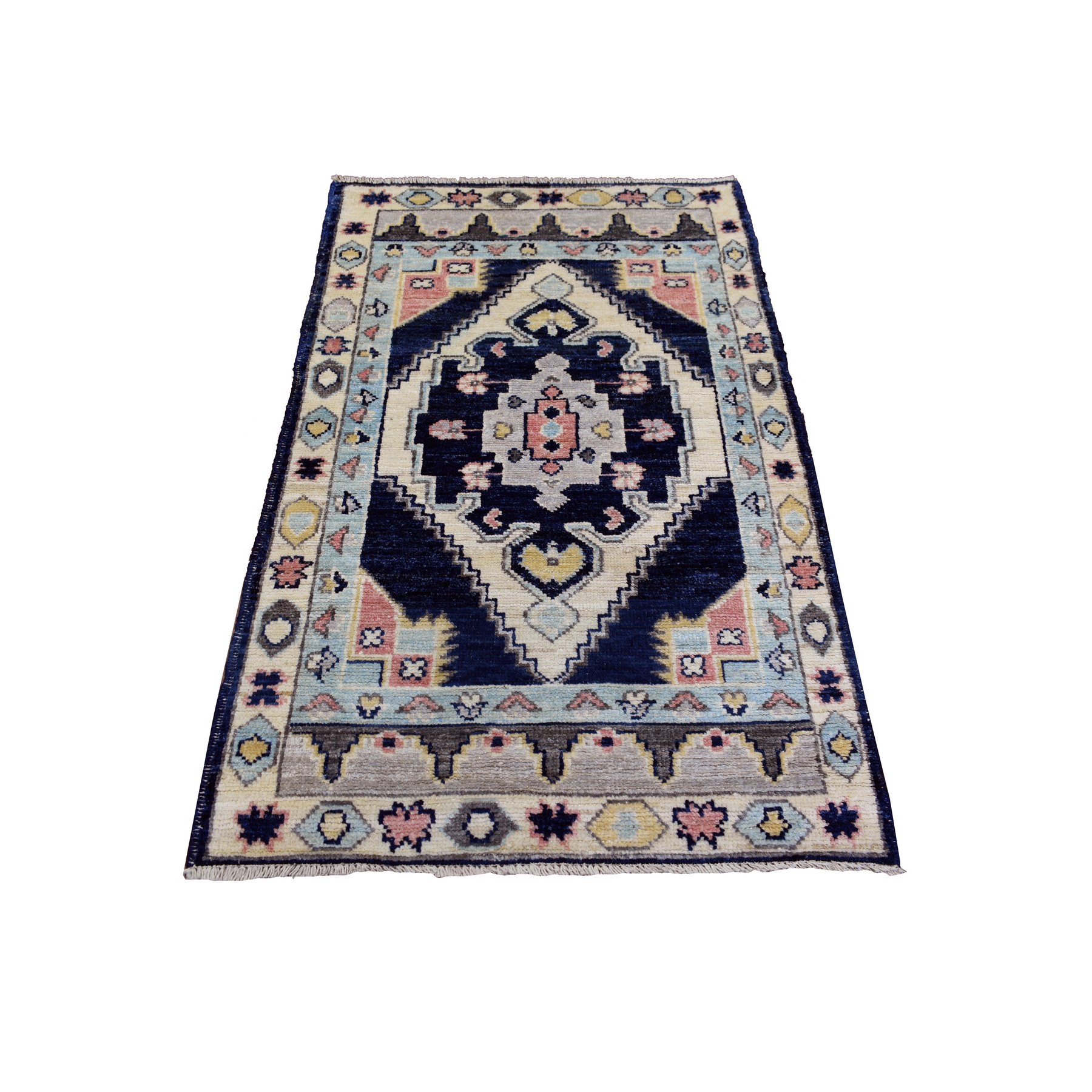 3'2"x5'2" Midnight Blue, Pure Wool Hand Woven, Anatolian Village Inspired with Geometric Pattern Natural Dyes, Oriental Rug 