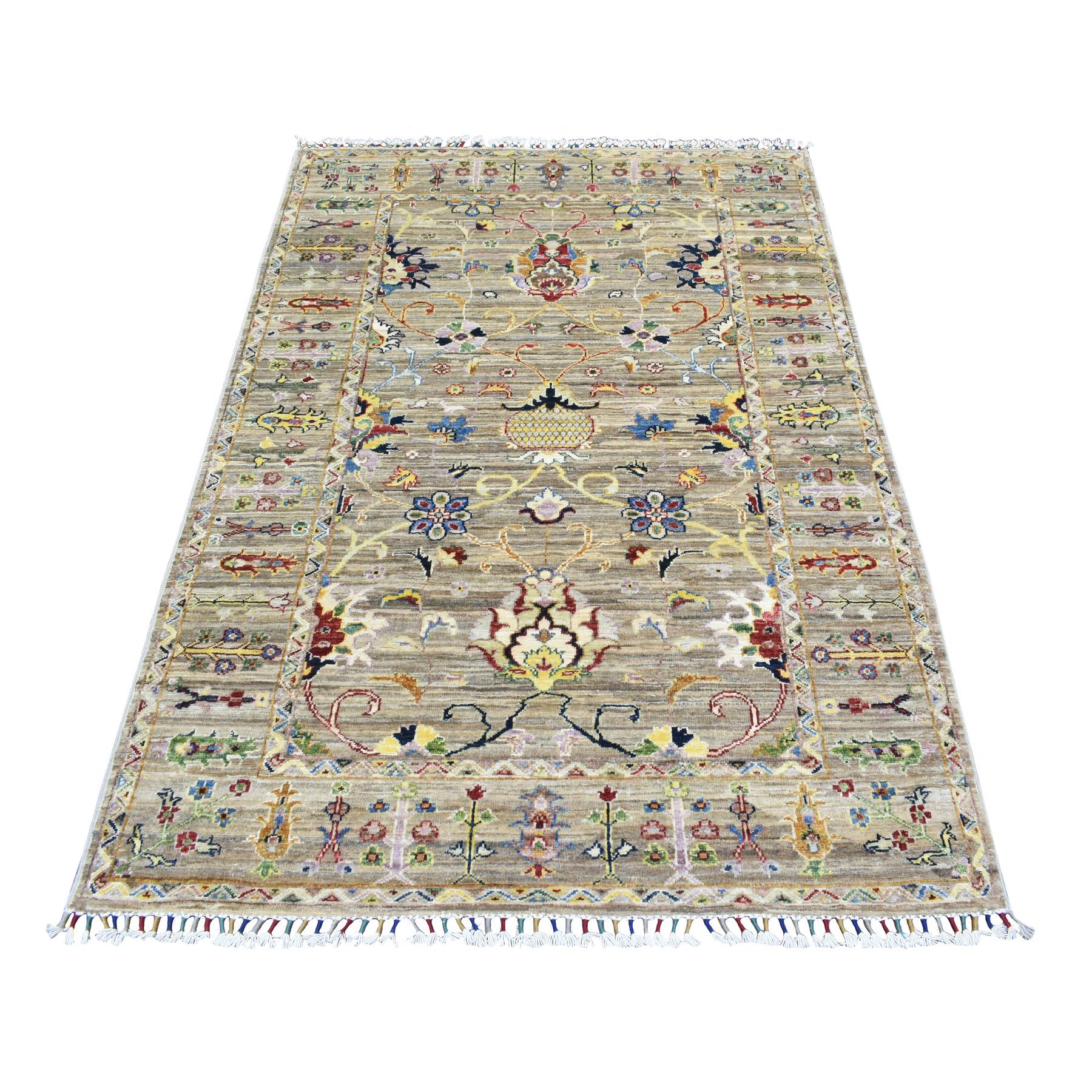 4'1"x6' Taupe, Afghan Peshawar with Mahal Design Natural Dyes, Densely Weave Pure Wool Hand Woven, Oriental Rug 