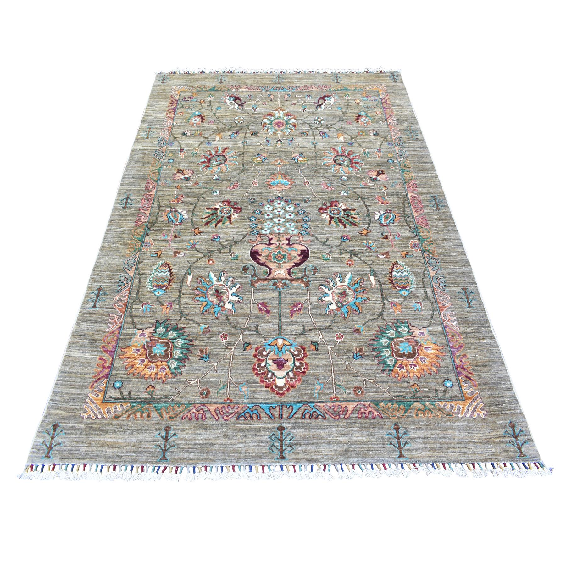 5'x6'10" Taupe, Extra Soft Wool Hand Woven, Afghan Super Kazak with Repetitive Caucasian Gul Design Natural Dyes Densely Weave, Oriental Rug 