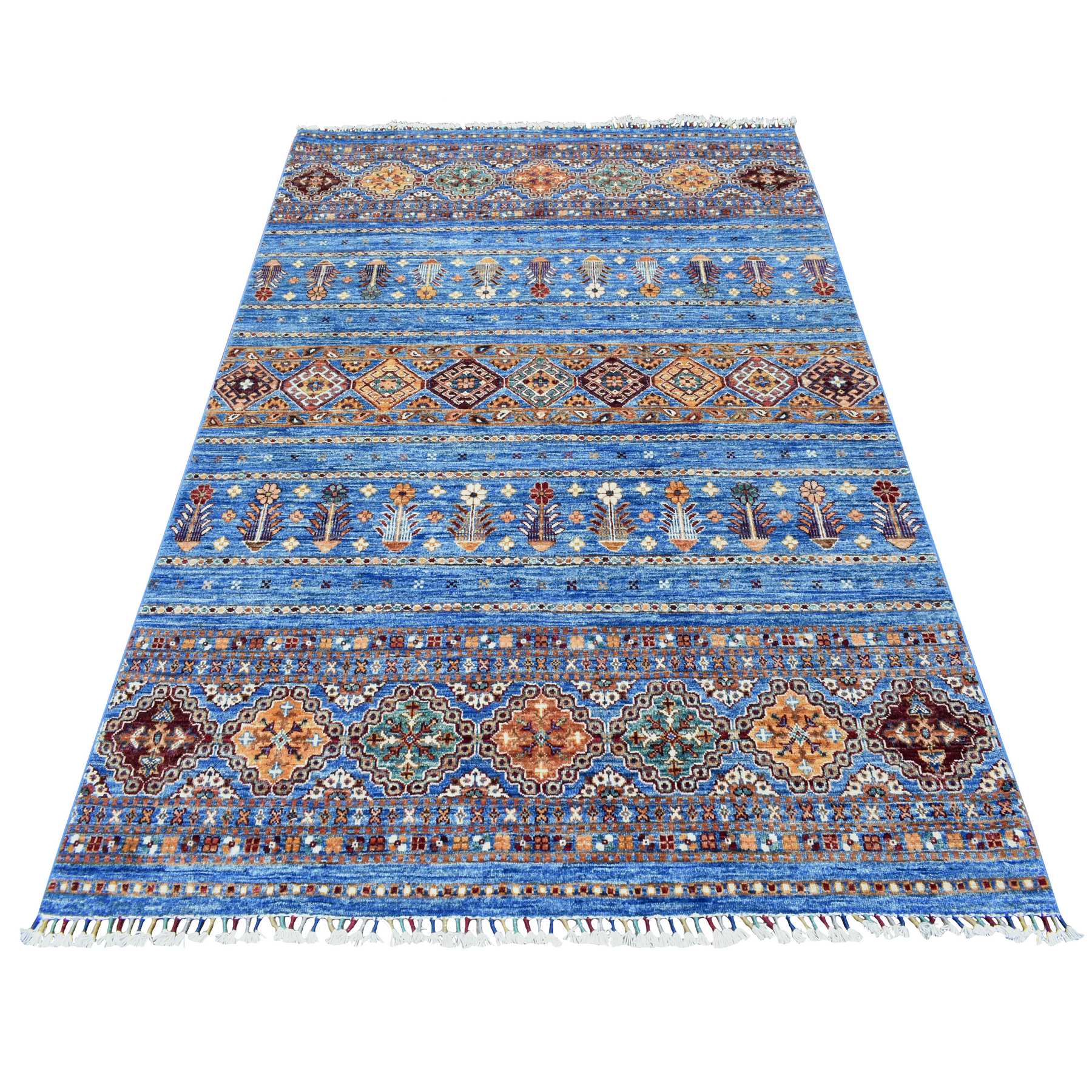 5'1"x6'8" Denim Blue, Afghan Super Kazak with Khorjin Design, Natural Dyes Densely Weave, Soft and Shiny Wool Hand Woven, Oriental Rug 