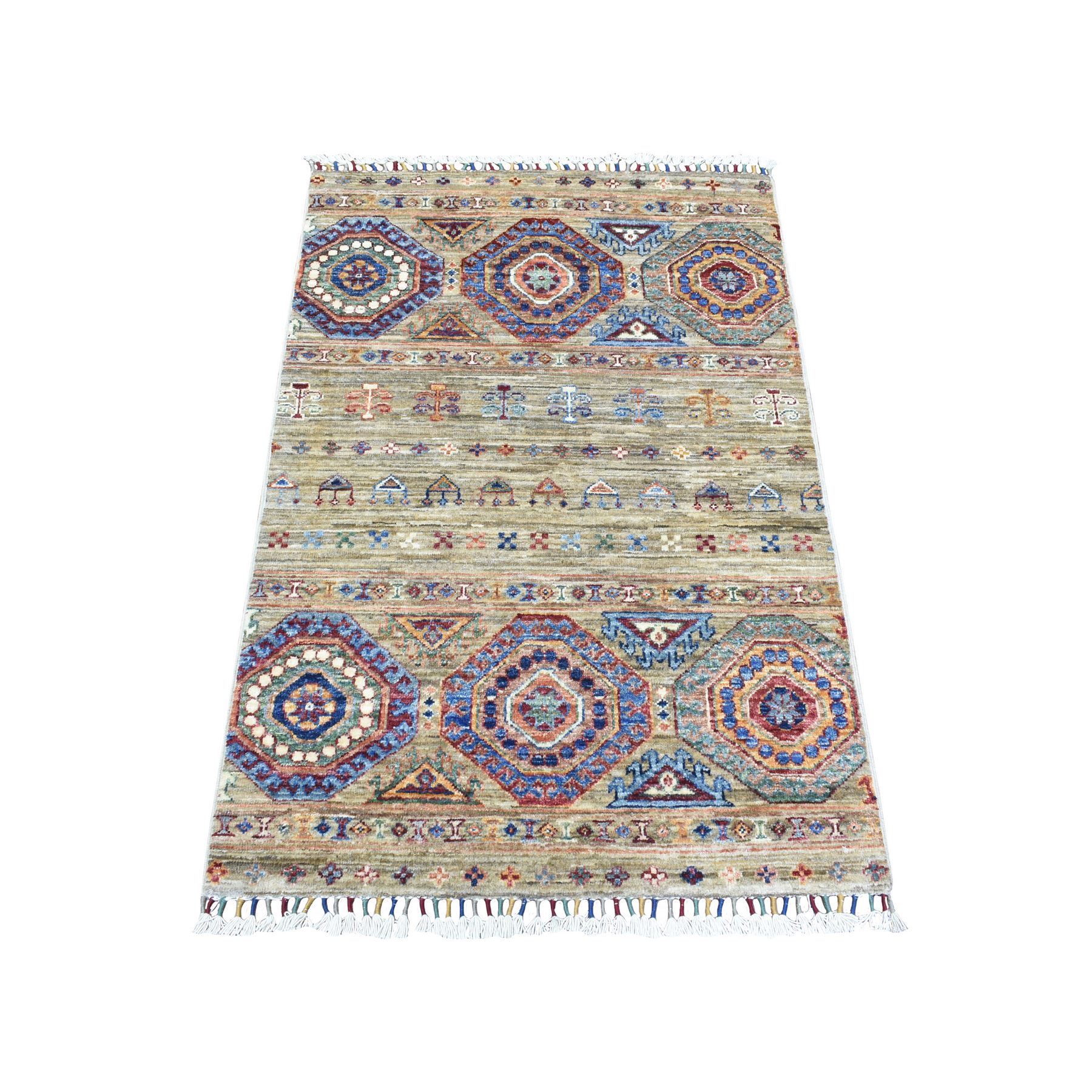 2'8"x4' Taupe, Soft and Velvety Wool Hand Woven, Afghan Super Kazak with Khorjin Design Natural Dyes Densely Weave, Oriental Rug 