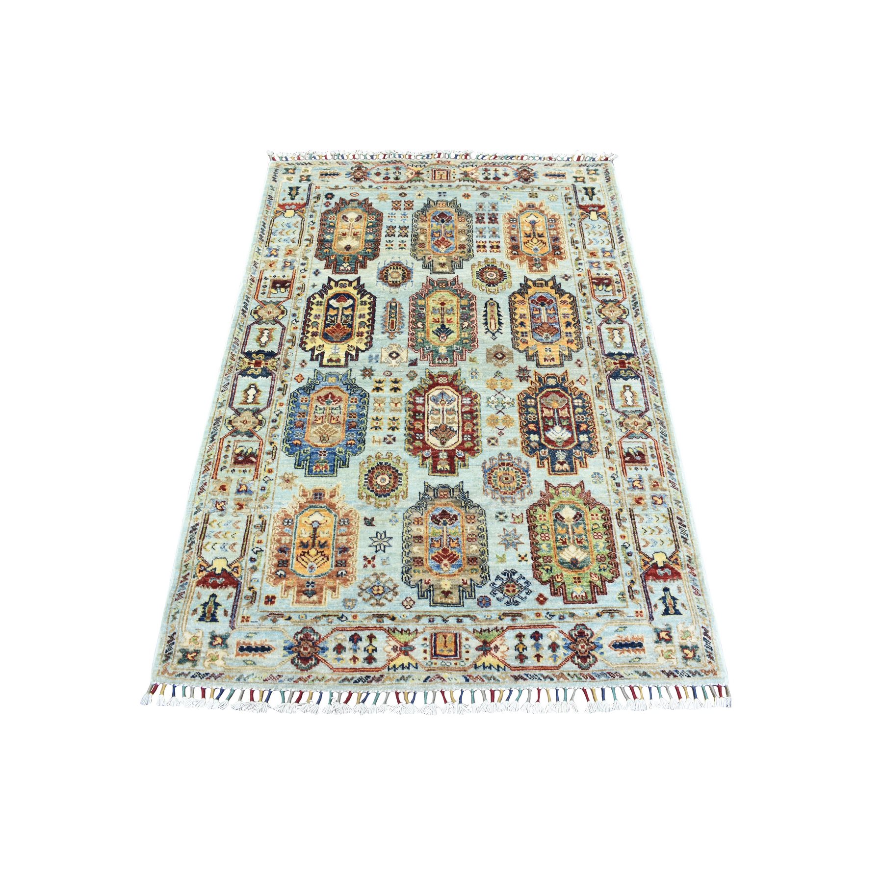 3'4"x5' Light Blue, Densely Woven Soft Wool Hand Woven, Afghan Super Kazak with Repetitive Caucasian Gul Design Natural Dyes, Oriental Rug 