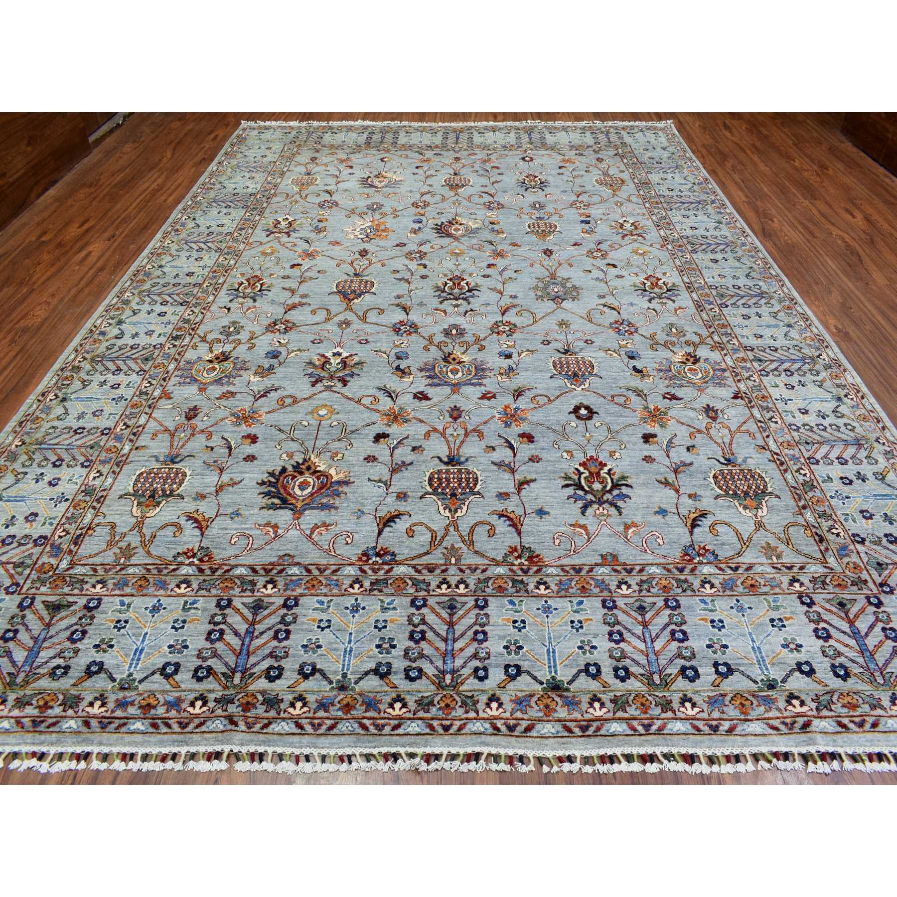 10'x13'10" Light Gray, Soft and Shiny Wool Hand Woven, Peshawar with Pomegranates Sultani Scroll Design Natural Dyes Densely Weave, Oriental Rug 