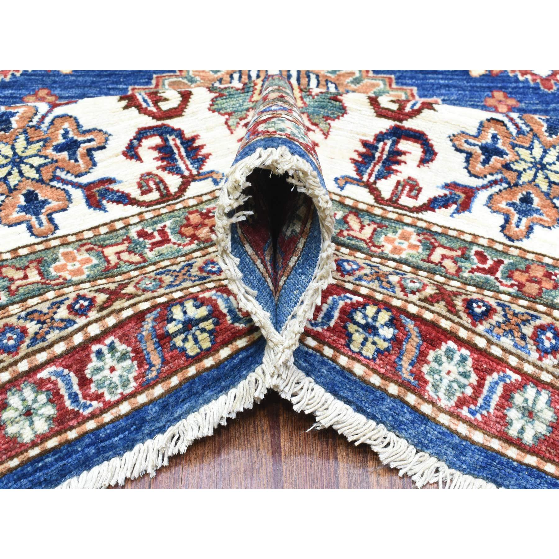 8'2"x10'4" Denim Blue, Densely Woven Velvety Wool Hand Woven, Afghan Super Kazak with Khorjin Design Natural Dyes, Oriental Rug 