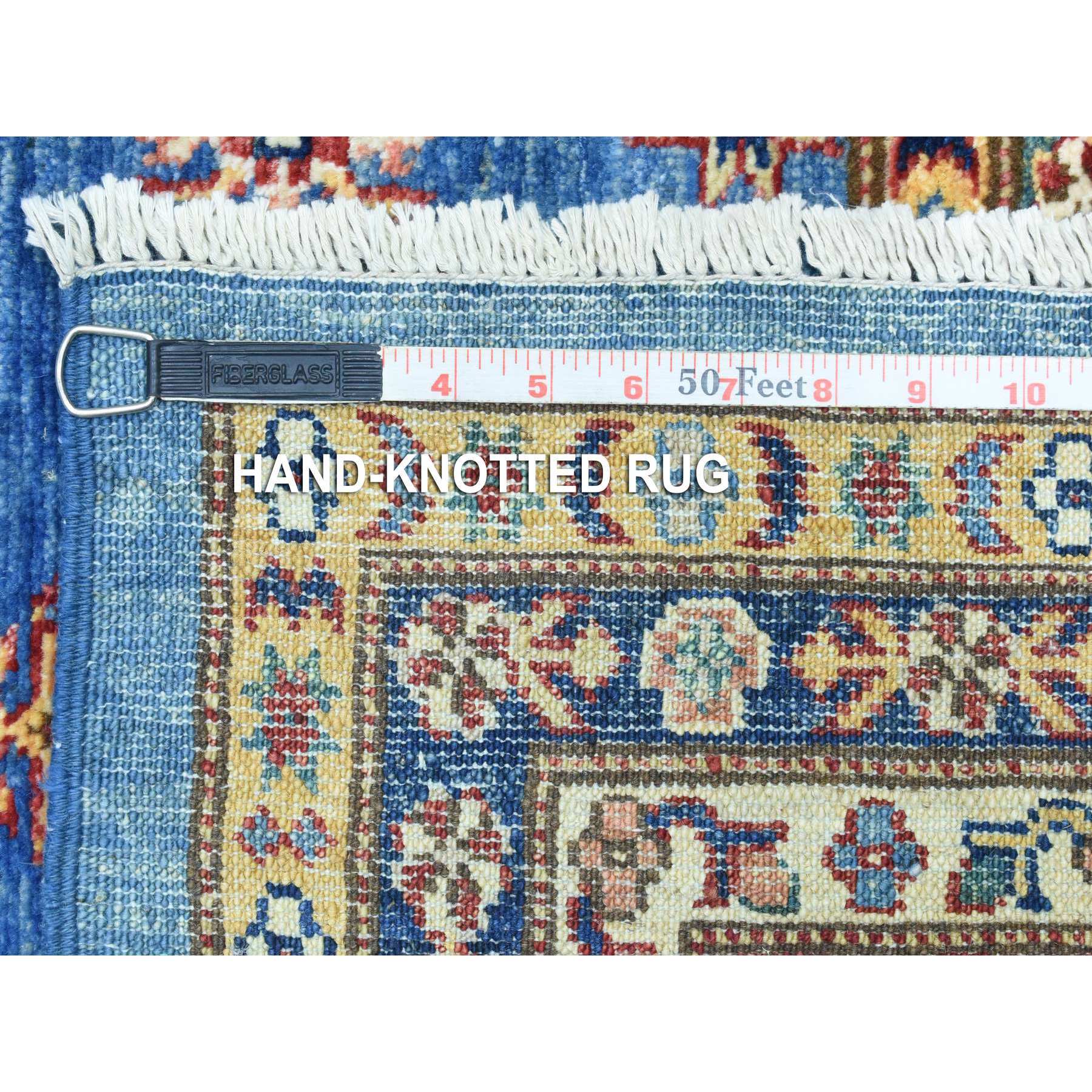 7'10"x10'10" Denim Blue, Afghan Super Kazak with Khorjin Design Natural Dyes, Densely Woven Soft Wool Hand Woven, Oriental Rug 