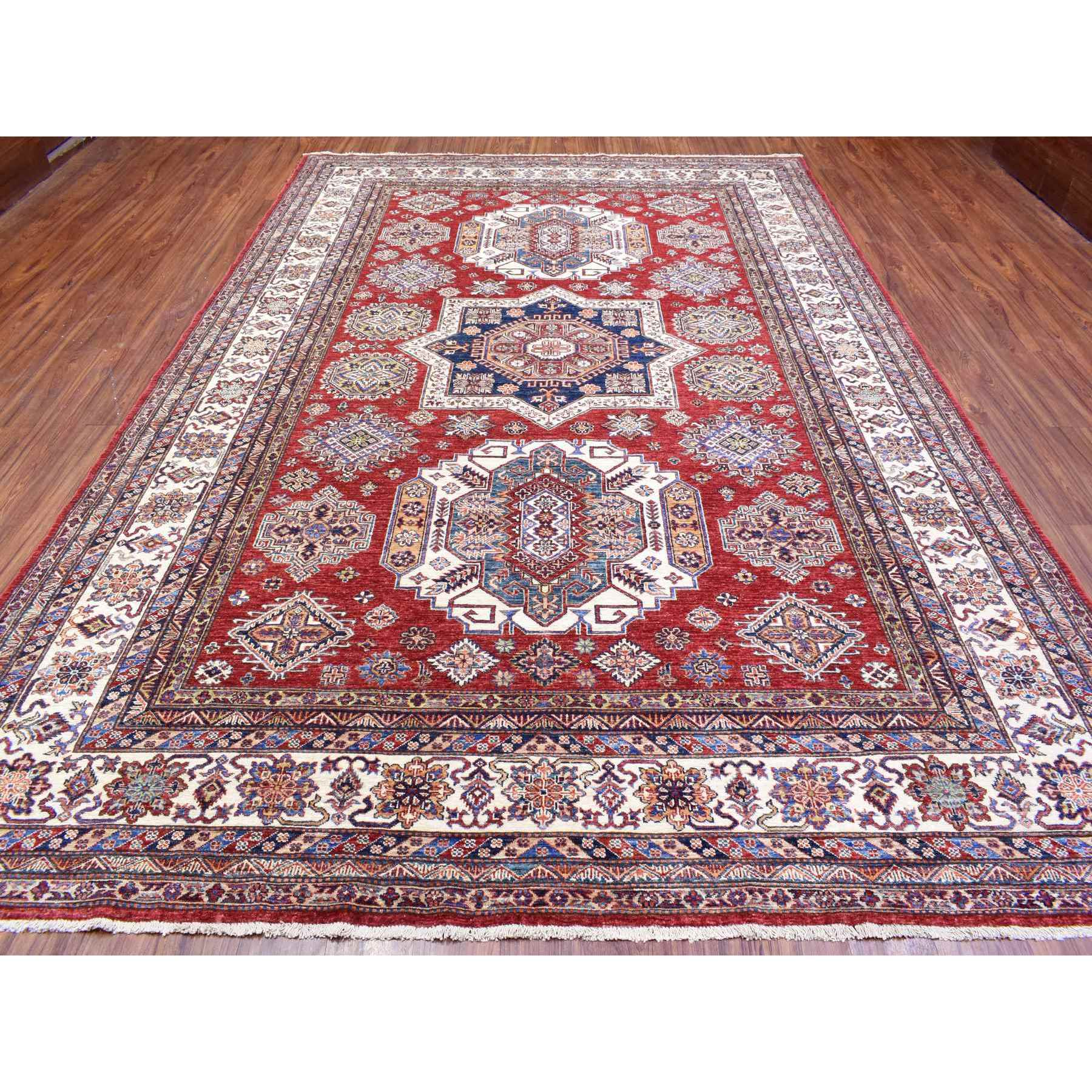 8'10"x13' Brick Red, Afghan Super Kazak with Khorjin Design Natural Dyes, Densely Weave Pure Wool Hand Woven, Oriental Rug 