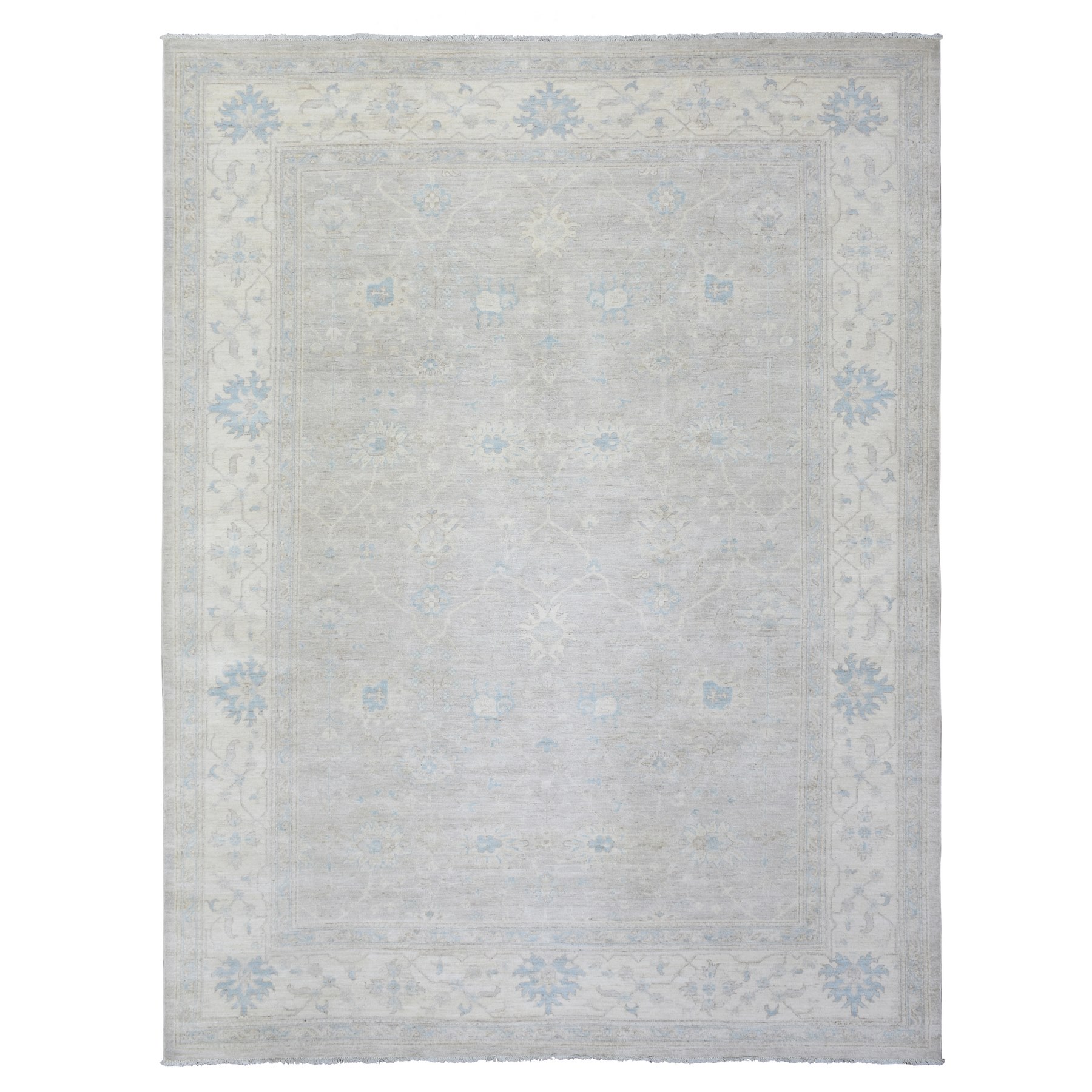 9'x11'6" Light Taupe, Hand Woven White Wash Peshawar with All Over Floral Motifs, Natural Dyes Soft Wool, Oriental Rug 
