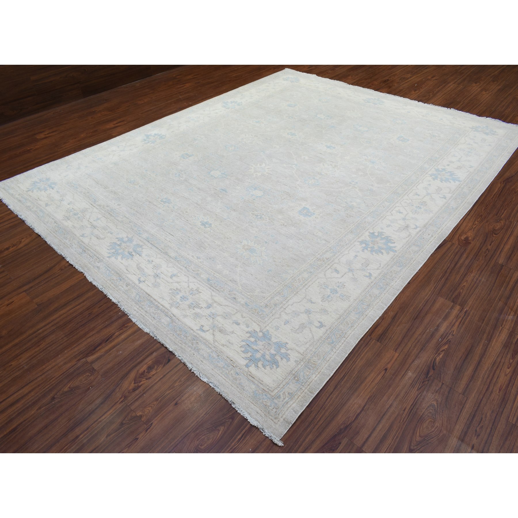 9'x11'6" Light Taupe, Hand Woven White Wash Peshawar with All Over Floral Motifs, Natural Dyes Soft Wool, Oriental Rug 
