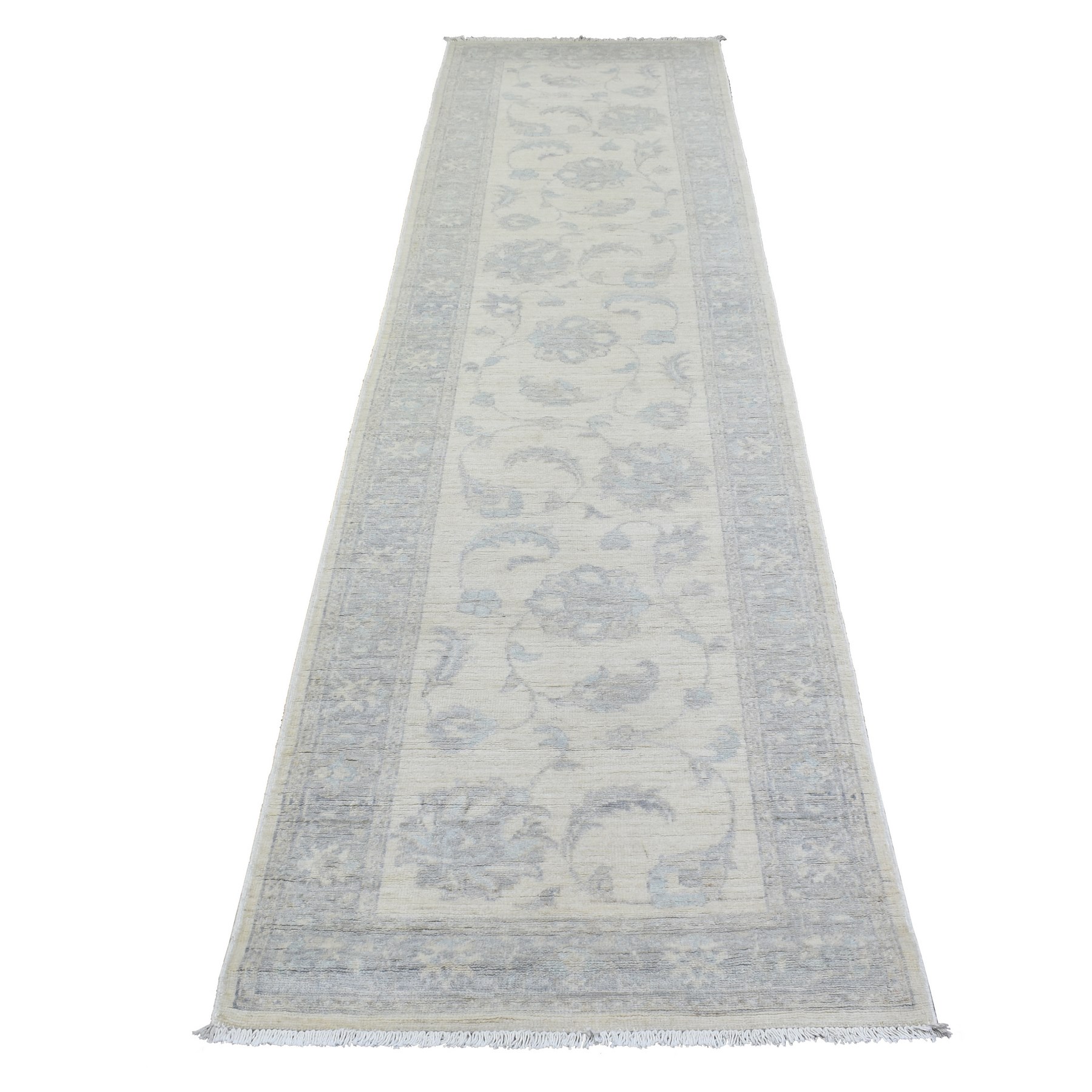 2'7"x9'9" White Wash Peshawar with All Over Leaf Design, Natural Dyes Soft Wool Hand Woven, Runner Oriental Rug 