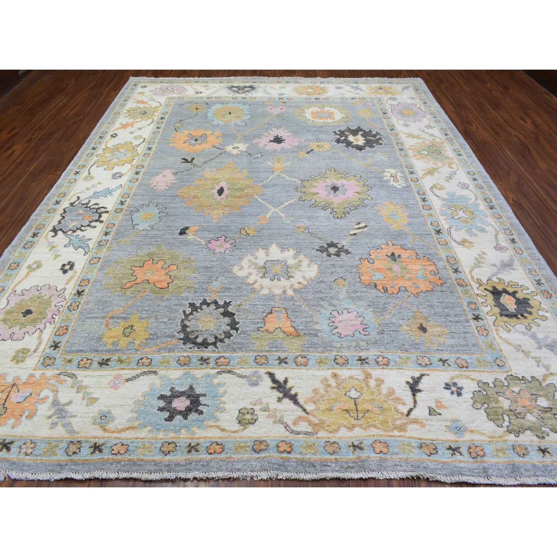 9'3"x11'8" Gray Hand Woven Afghan Angora Oushak with Colorful Floral Pattern, Natural Dyes Pure Wool, Oriental Rug 
