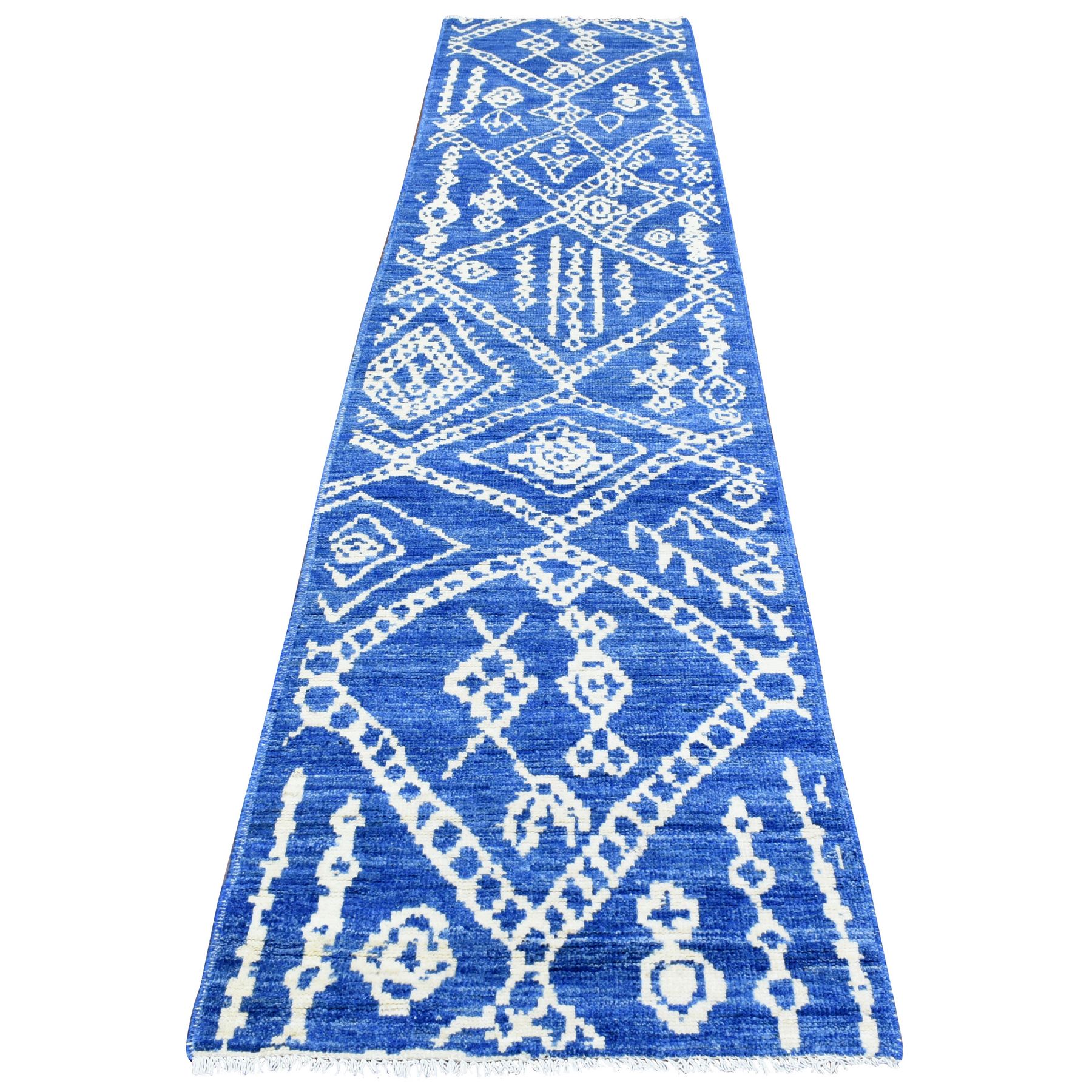 2'8"x11'7" Denim Blue, Boujaad Moroccan Berber Design with Geometric Triangular Design Natural Dyes, Soft and Shiny Wool Hand Woven, Runner Oriental Rug 