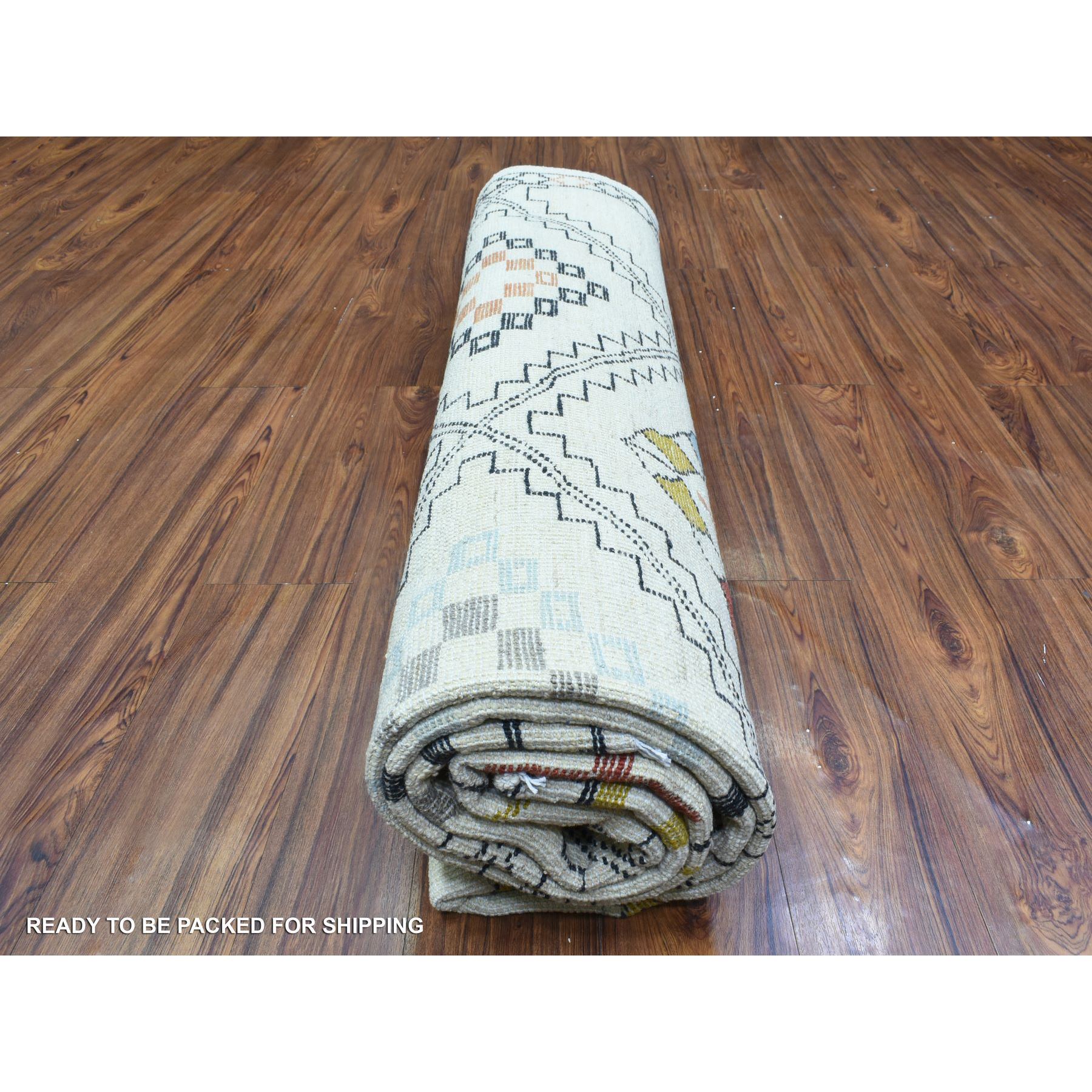 8'6"x9'9" Ivory, Soft and Velvety Wool Hand Woven, Boujaad Moroccan Berber Design with Caucasian Tribal Influence, Natural Dyes, Oriental Rug 