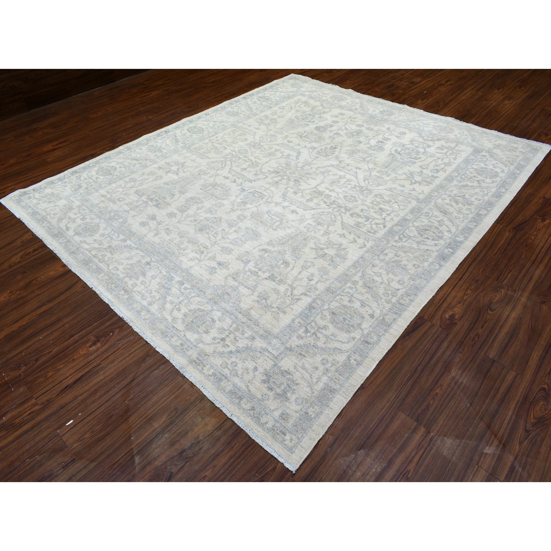 8'4"x9'7" Ivory, White Wash Peshawar with All Over Design, Natural Dyes Pure Wool Hand Woven, Oriental Rug 