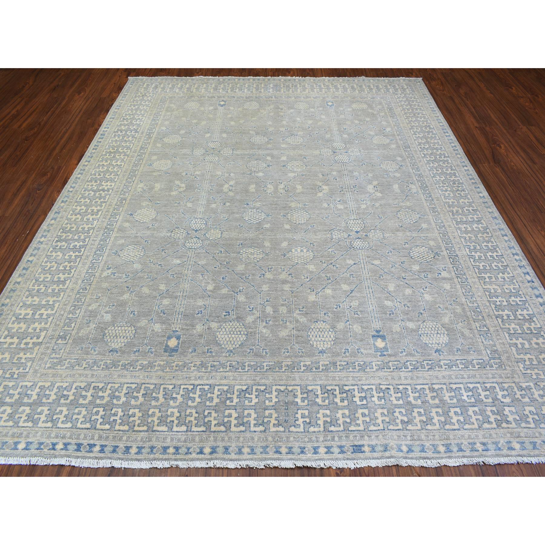 8'1"x9'7" Stone Gray, White Wash Peshawar with Samarkand Garden Design Natural Dyes, Organic Wool Hand Woven, Oriental Rug 