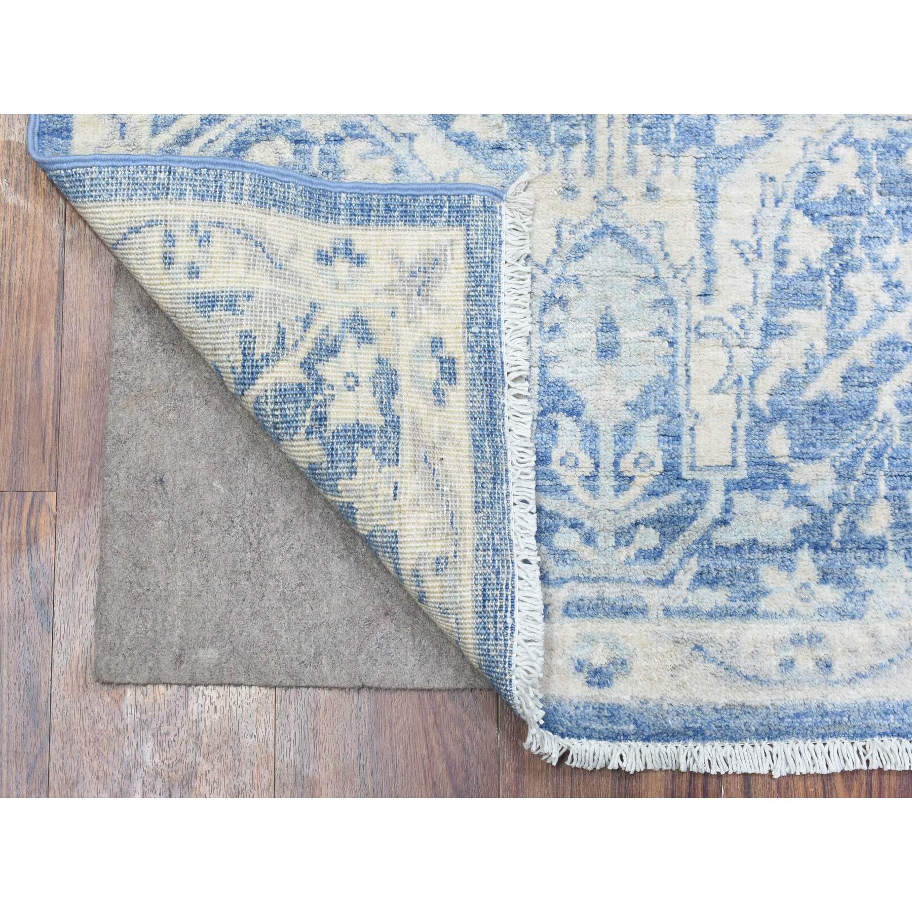 2'7"x7'7" Denim Blue, Soft Organic Wool Hand Woven, White Wash Peshawar with All Over Leaf Design Natural Dyes, Runner Oriental Rug 