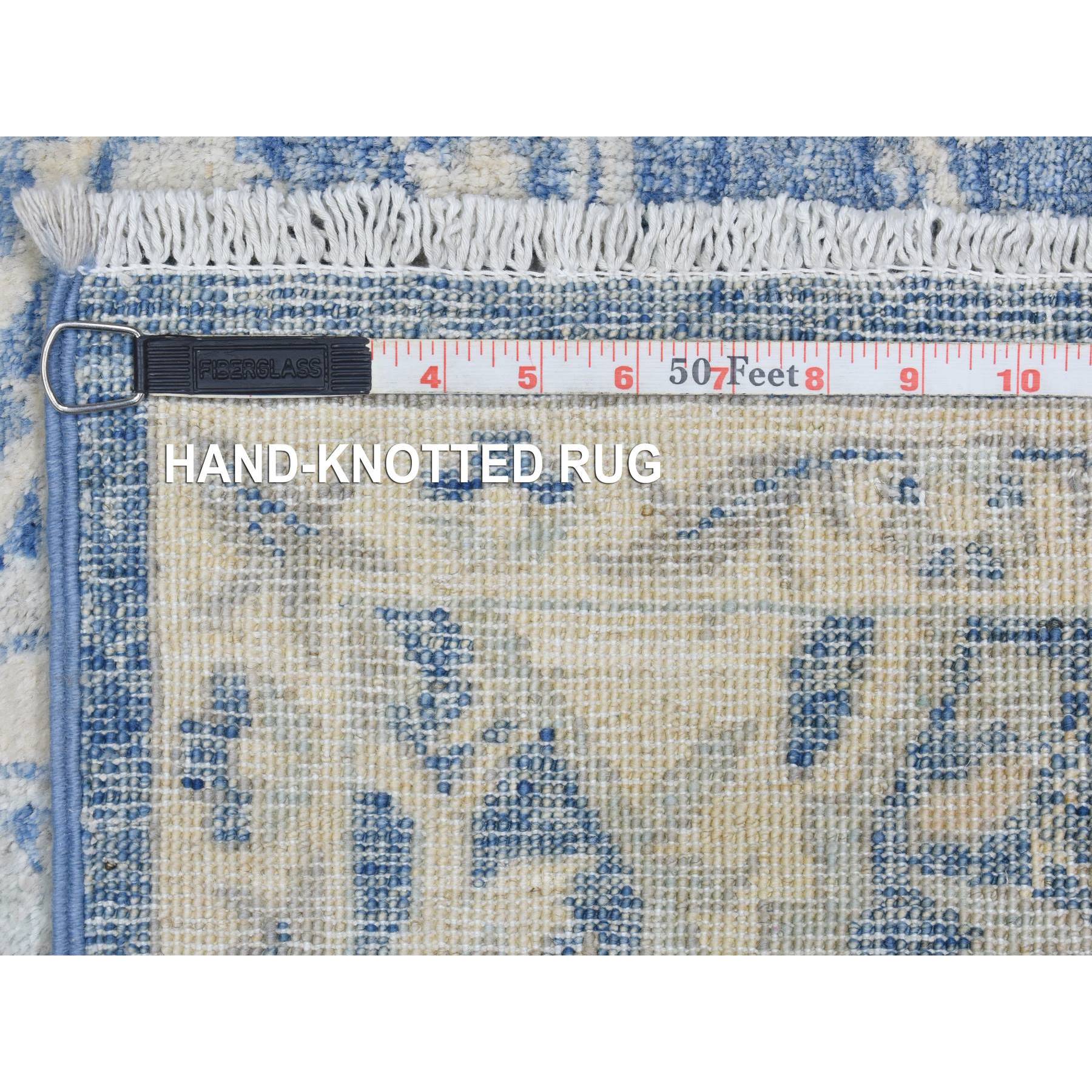 2'7"x7'7" Denim Blue, Soft Organic Wool Hand Woven, White Wash Peshawar with All Over Leaf Design Natural Dyes, Runner Oriental Rug 
