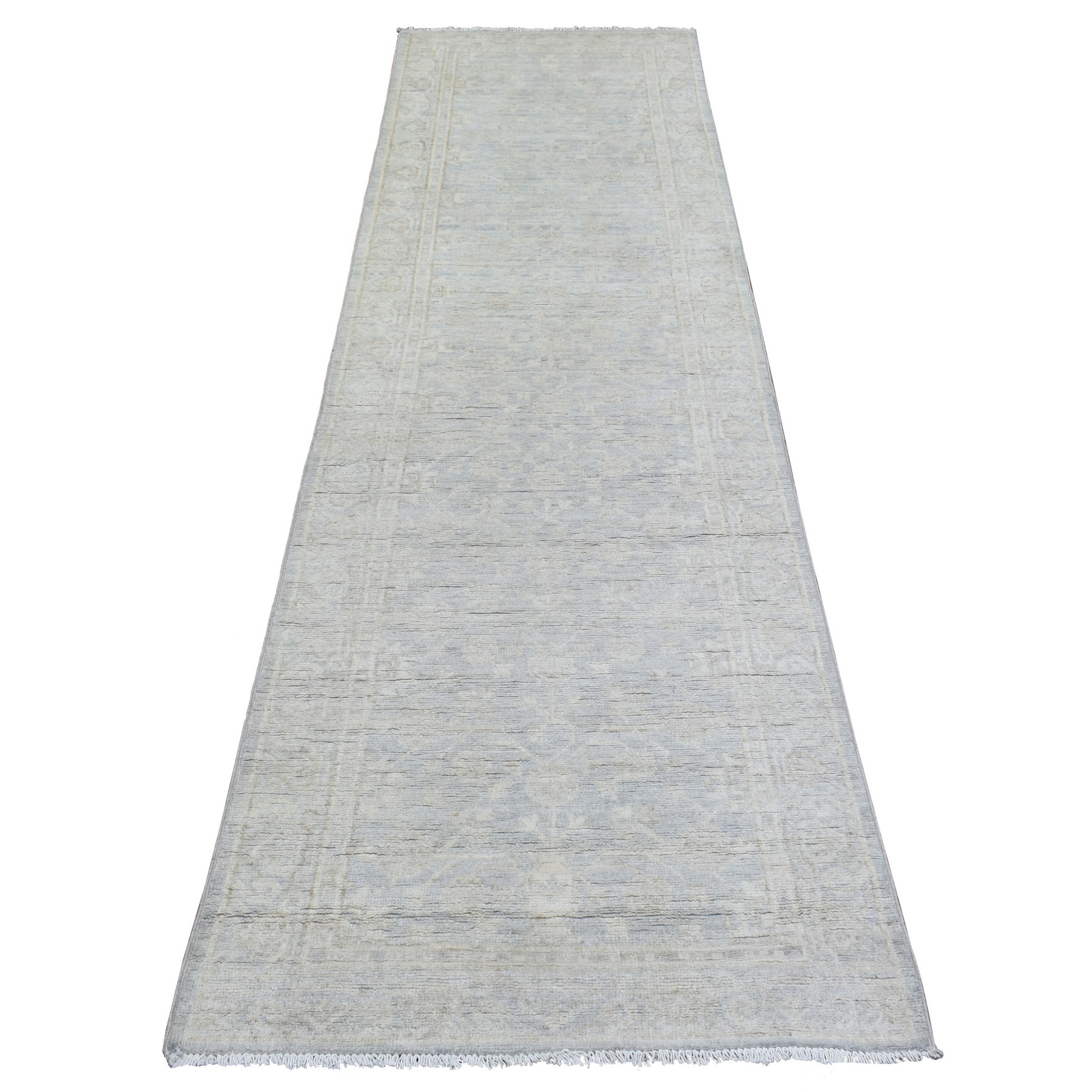 2'8"x9'6" Silver Blue, Hand Woven Washed Out Peshawar with All Over Design, Natural Dyes Soft and Shiny Wool, Runner Oriental Rug 