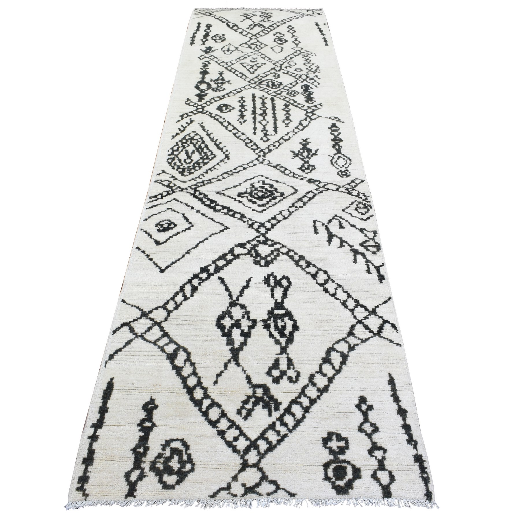 3'x11'6" Ivory, Boujaad Moroccan Berber Design with Geometric Triangular Design Natural Dyes, Soft and Shiny Wool Hand Woven, Wide Runner Oriental Rug 