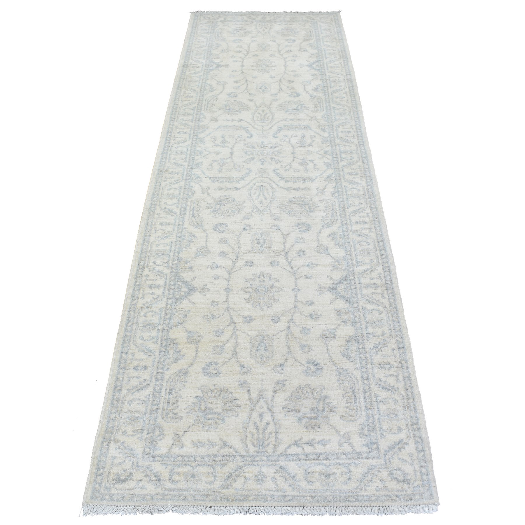 2'9"x9'4" Ivory, White Wash Peshawar with All Over Mahal Design Natural Dyes, Extra Soft Wool Hand Woven, Runner Oriental Rug 