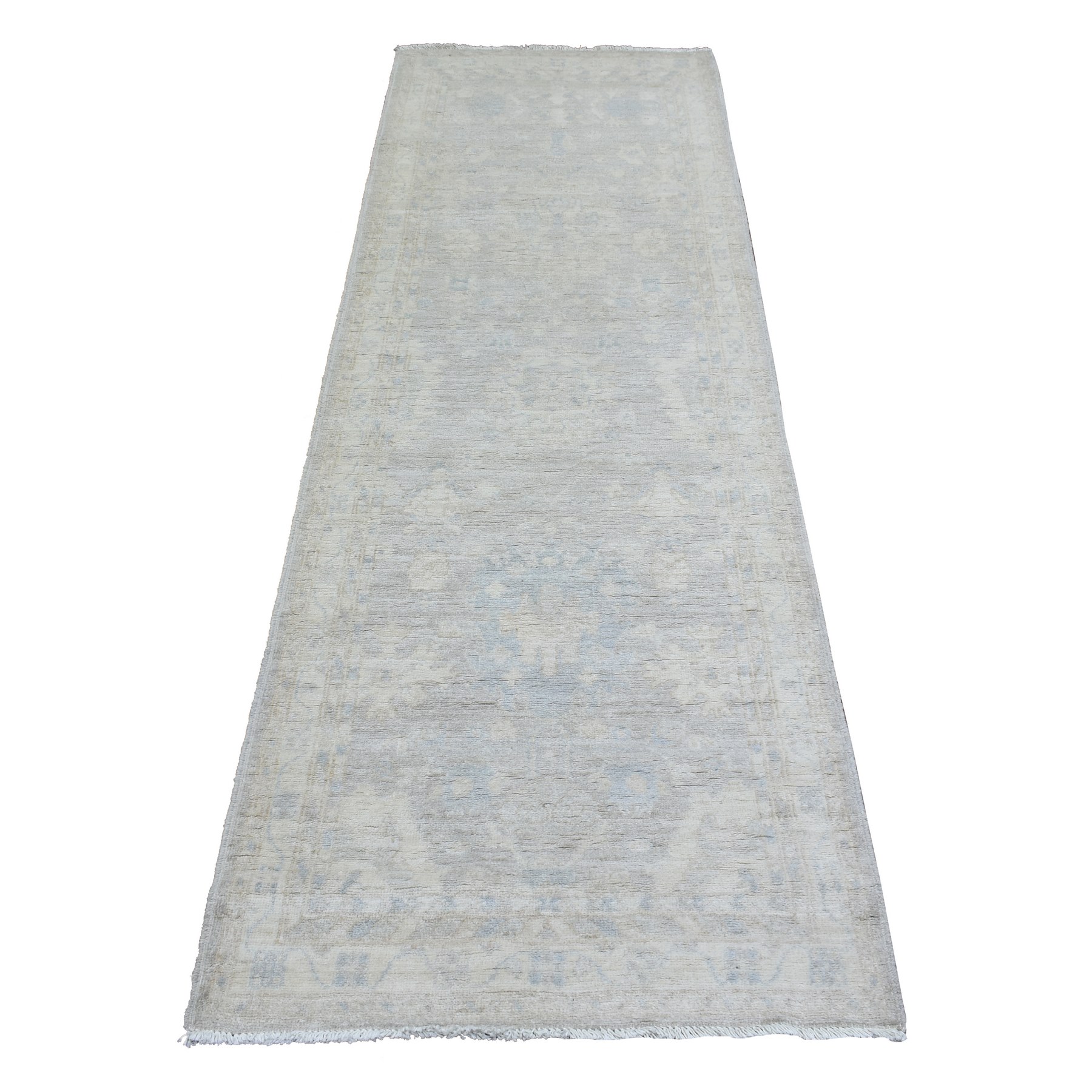 2'6"x7'9" Light Gray, Hand Woven White Wash Peshawar with All Over Design, Natural Dyes Soft Organic Wool, Runner Oriental Rug 