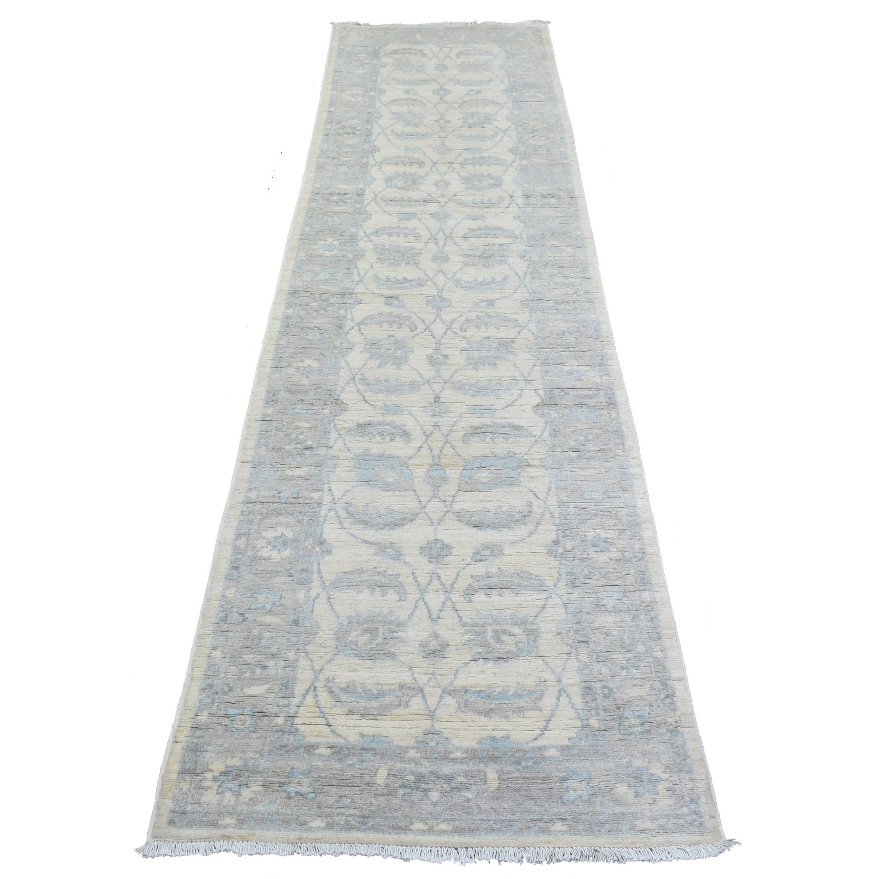 2'6"x9'8" Ivory, Hand Woven White Wash Peshawar with All Over Leaf Design, Natural Dyes Soft and Velvety Wool, Runner Oriental Rug 