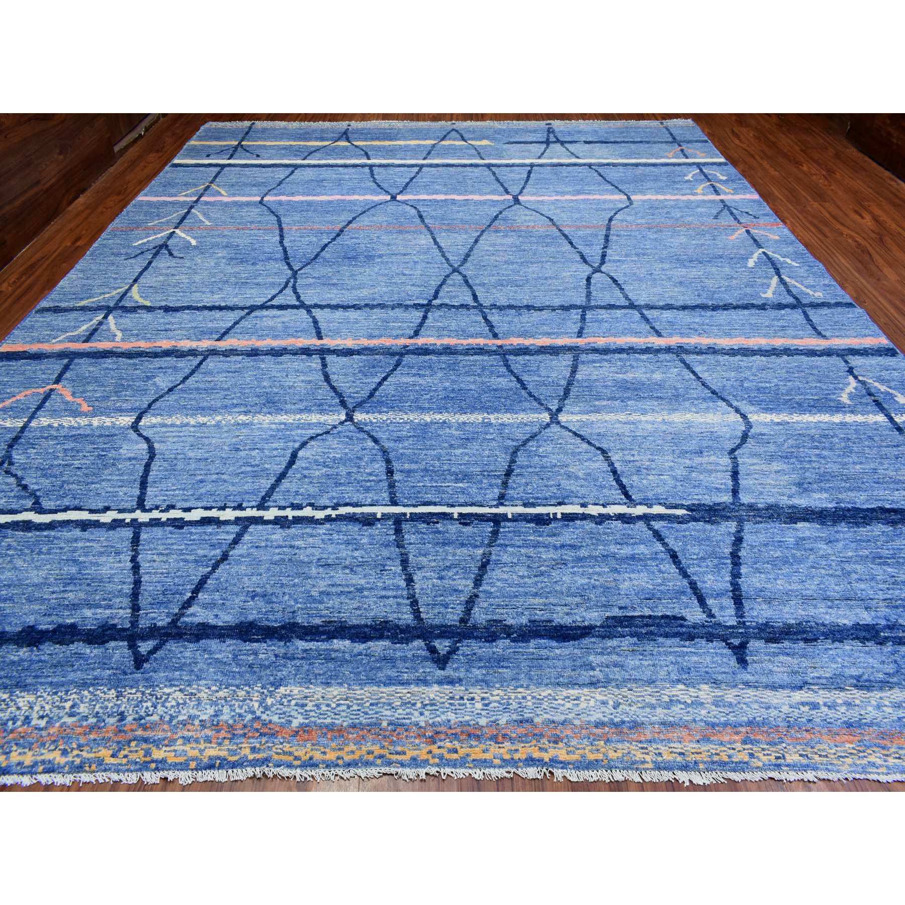 12'x15'2" Denim Blue, Hand Woven Boujaad Moroccan Berber Design with Criss Cross Pattern, Natural Dyes Velvety Wool, Oversized Oriental Rug 