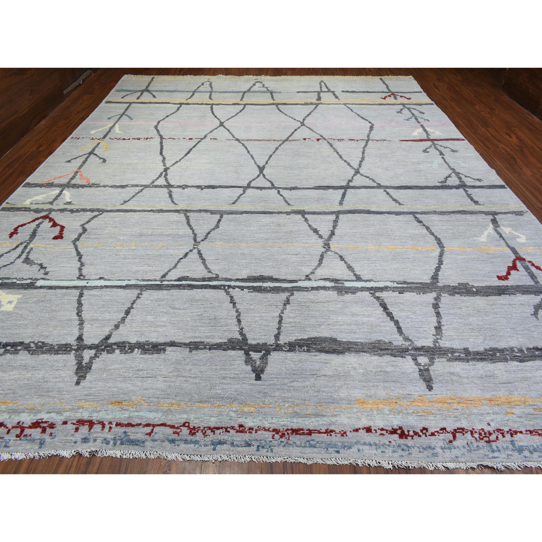 12'x15'2" Light Gray, Soft and Velvety Wool Hand Woven, Boujaad Moroccan Berber Design with Criss Cross Pattern Natural Dyes, Oversized Oriental Rug 