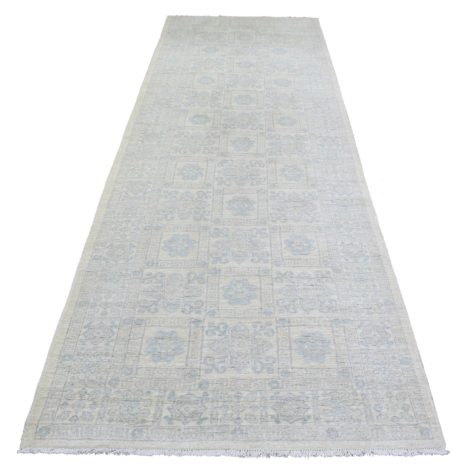 4'x11'8" Ivory, White Wash Peshawar with Geometric Design Natural Dyes, Organic Wool Hand Woven, Wide Runner Oriental Rug 