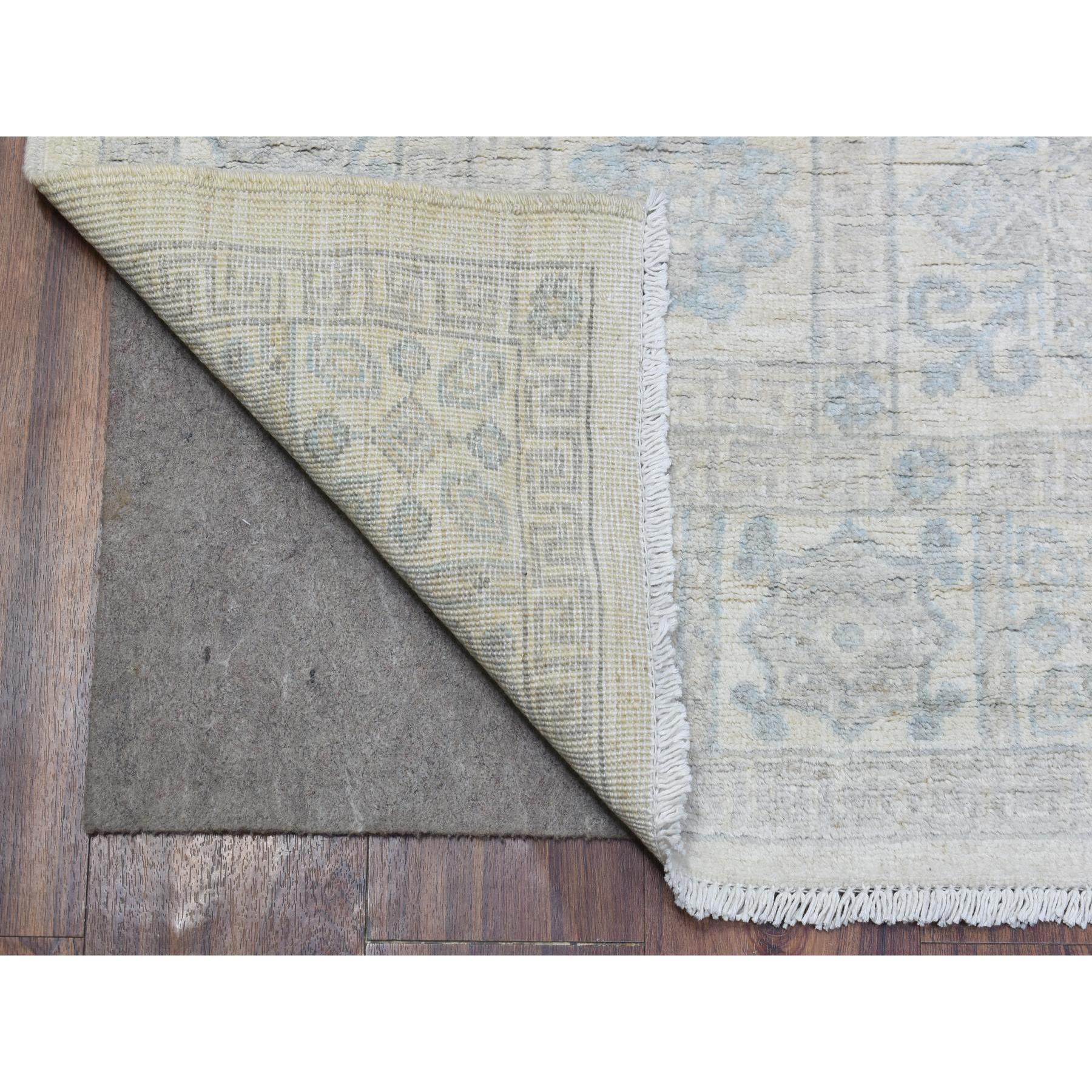 4'x11'8" Ivory, White Wash Peshawar with Geometric Design Natural Dyes, Organic Wool Hand Woven, Wide Runner Oriental Rug 